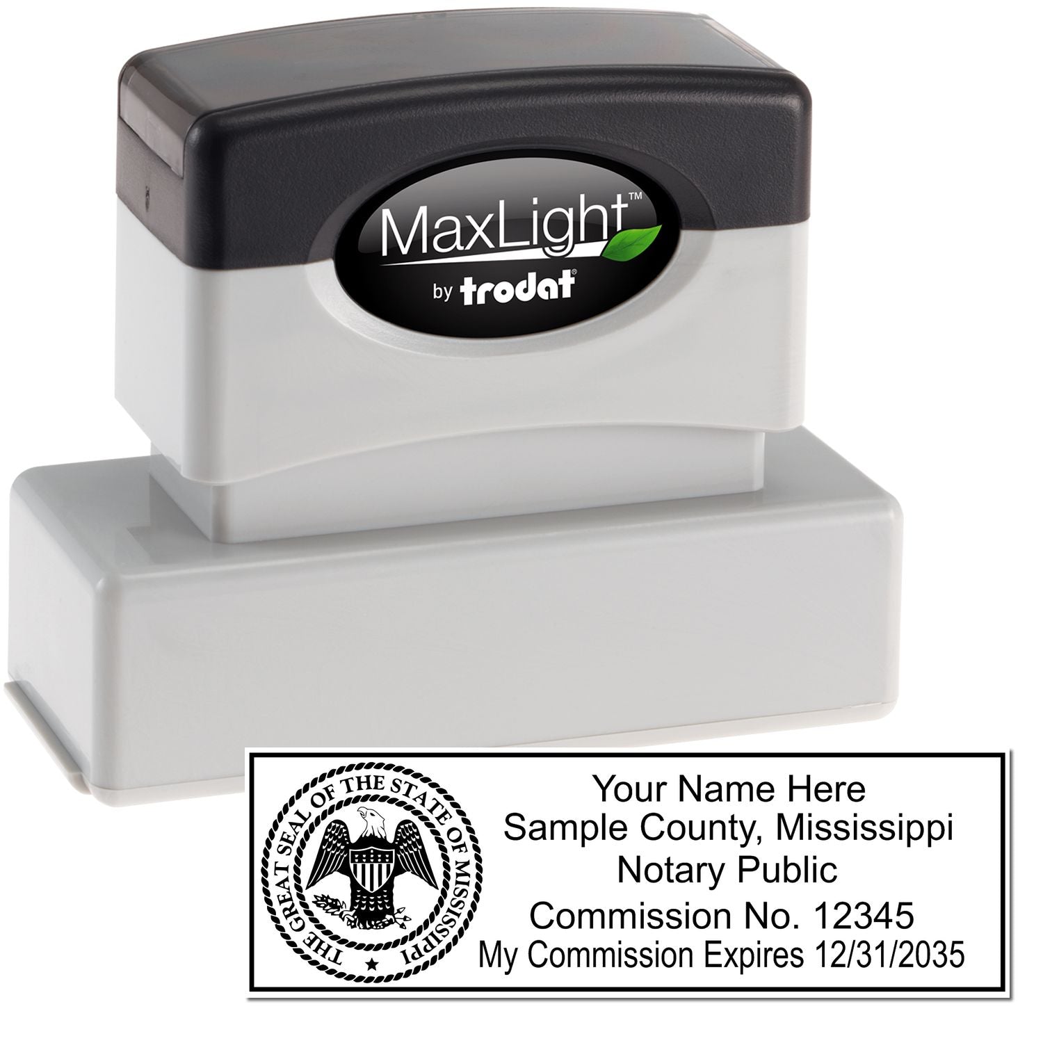 The main image for the MaxLight Premium Pre-Inked Mississippi State Seal Notarial Stamp depicting a sample of the imprint and electronic files