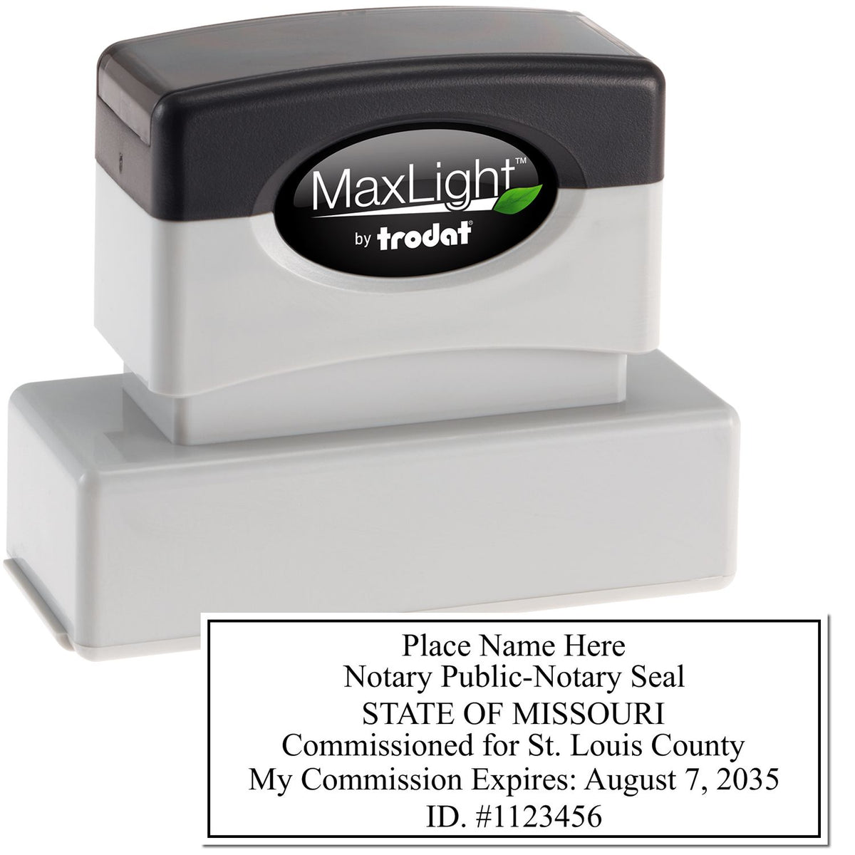 The main image for the MaxLight Premium Pre-Inked Missouri Rectangular Notarial Stamp depicting a sample of the imprint and electronic files