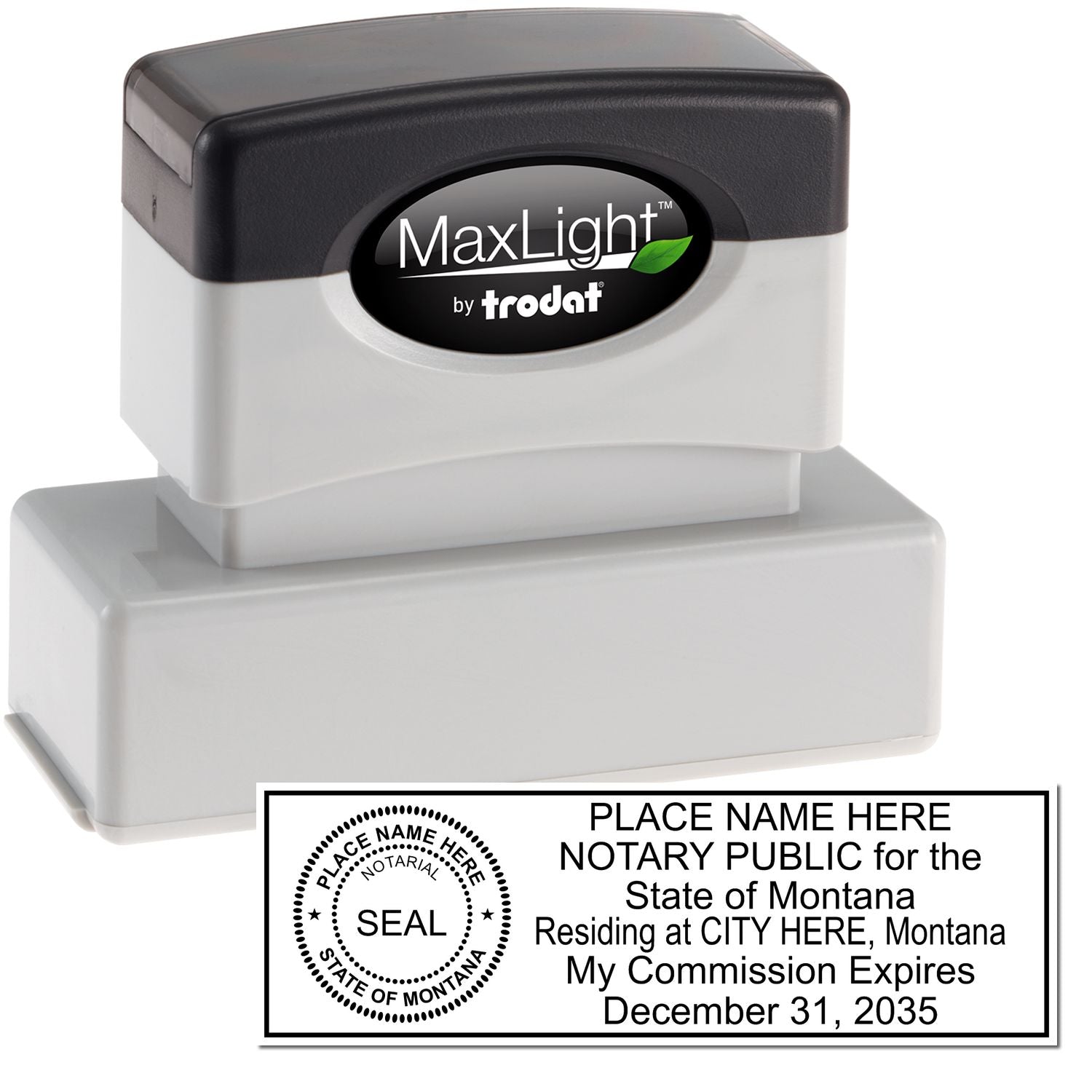 The main image for the MaxLight Premium Pre-Inked Montana State Seal Notarial Stamp depicting a sample of the imprint and electronic files