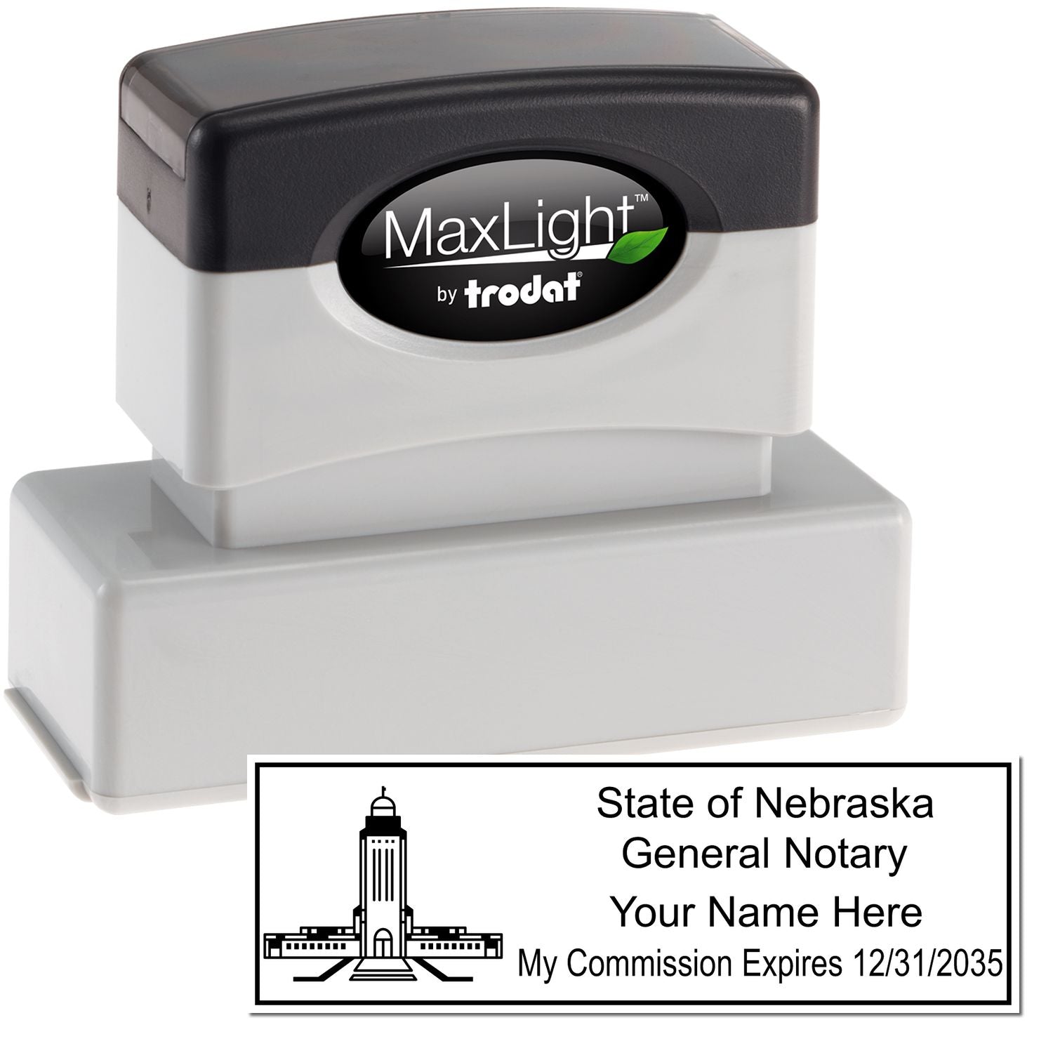 The main image for the MaxLight Premium Pre-Inked Nebraska State Seal Notarial Stamp depicting a sample of the imprint and electronic files