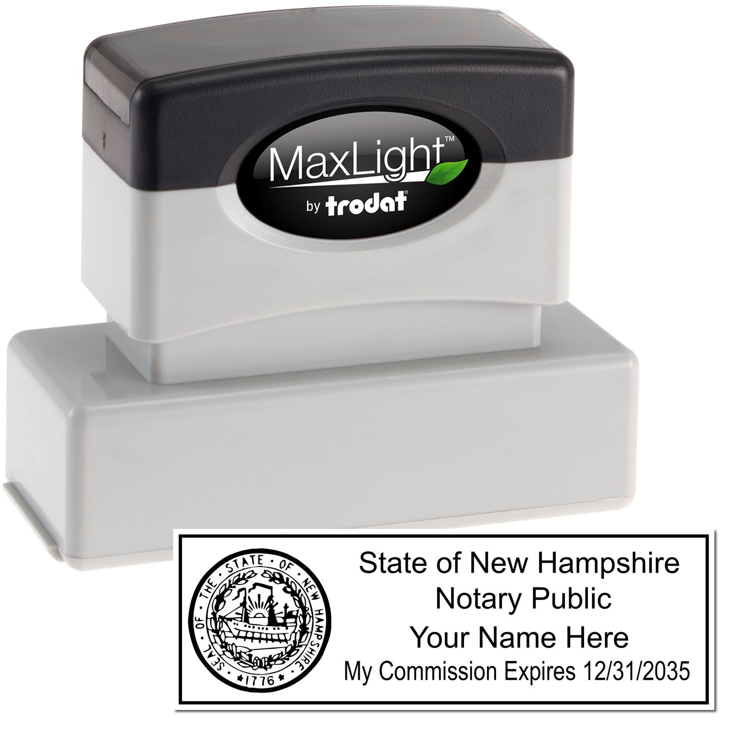 The main image for the MaxLight Premium Pre-Inked New Hampshire State Seal Notarial Stamp depicting a sample of the imprint and electronic files