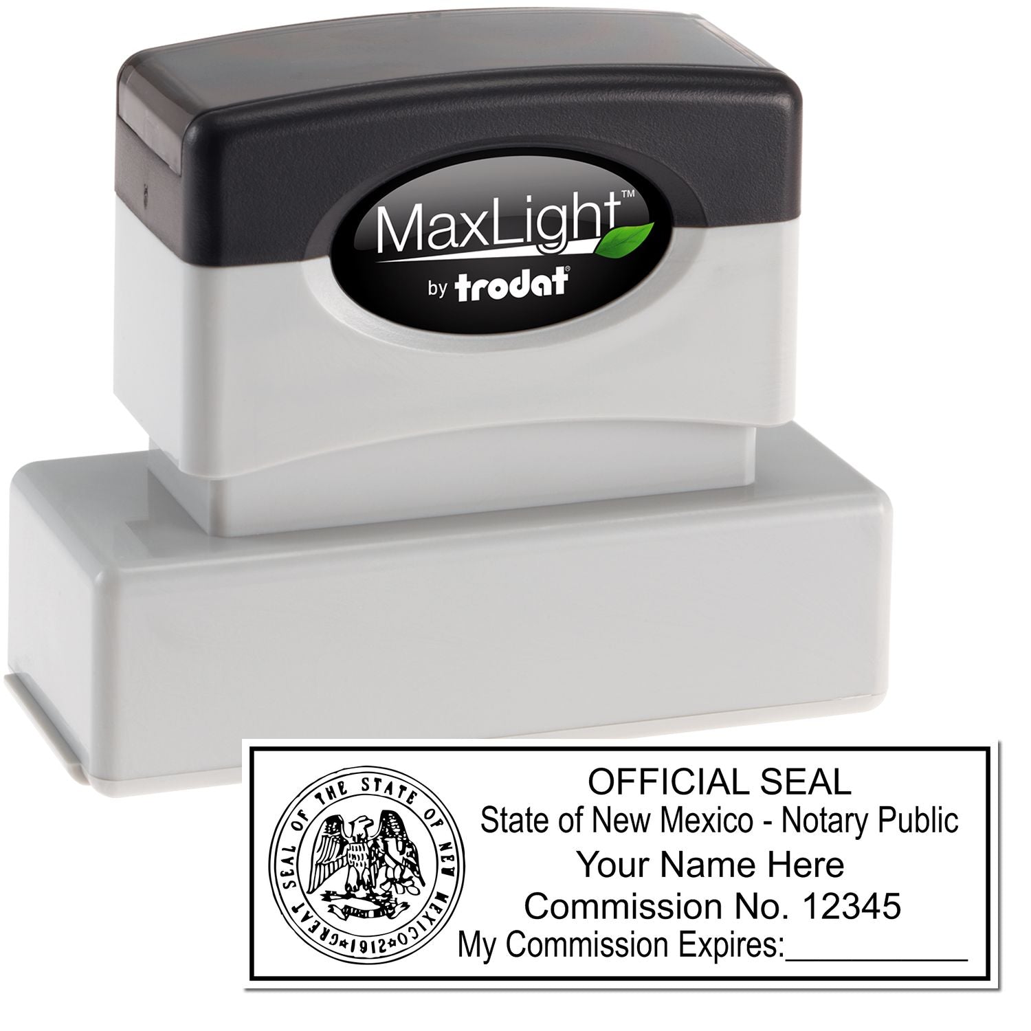 The main image for the MaxLight Premium Pre-Inked New Mexico State Seal Notarial Stamp depicting a sample of the imprint and electronic files