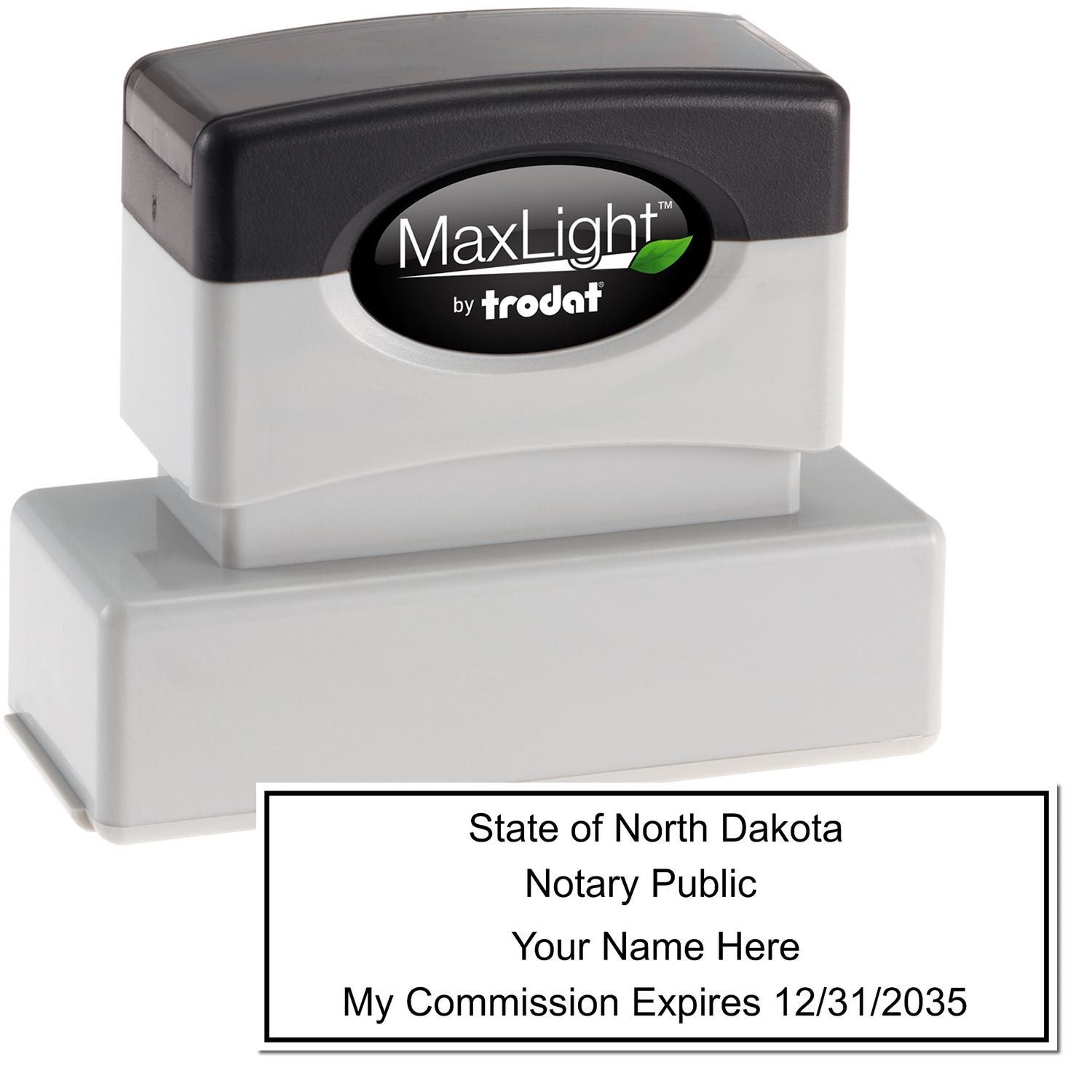 The main image for the MaxLight Premium Pre-Inked North Dakota Rectangular Notarial Stamp depicting a sample of the imprint and electronic files