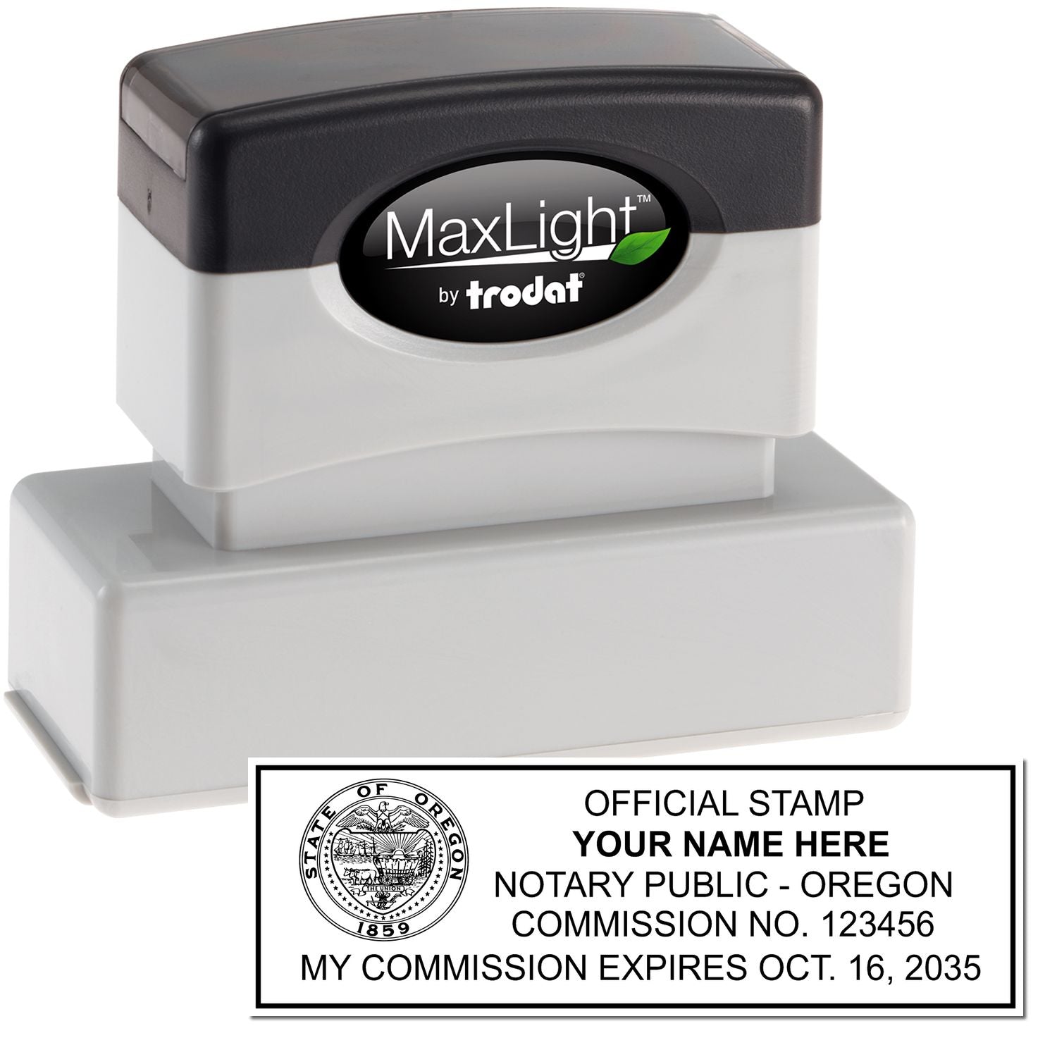 The main image for the MaxLight Premium Pre-Inked Oregon Rectangular Notarial Stamp depicting a sample of the imprint and electronic files