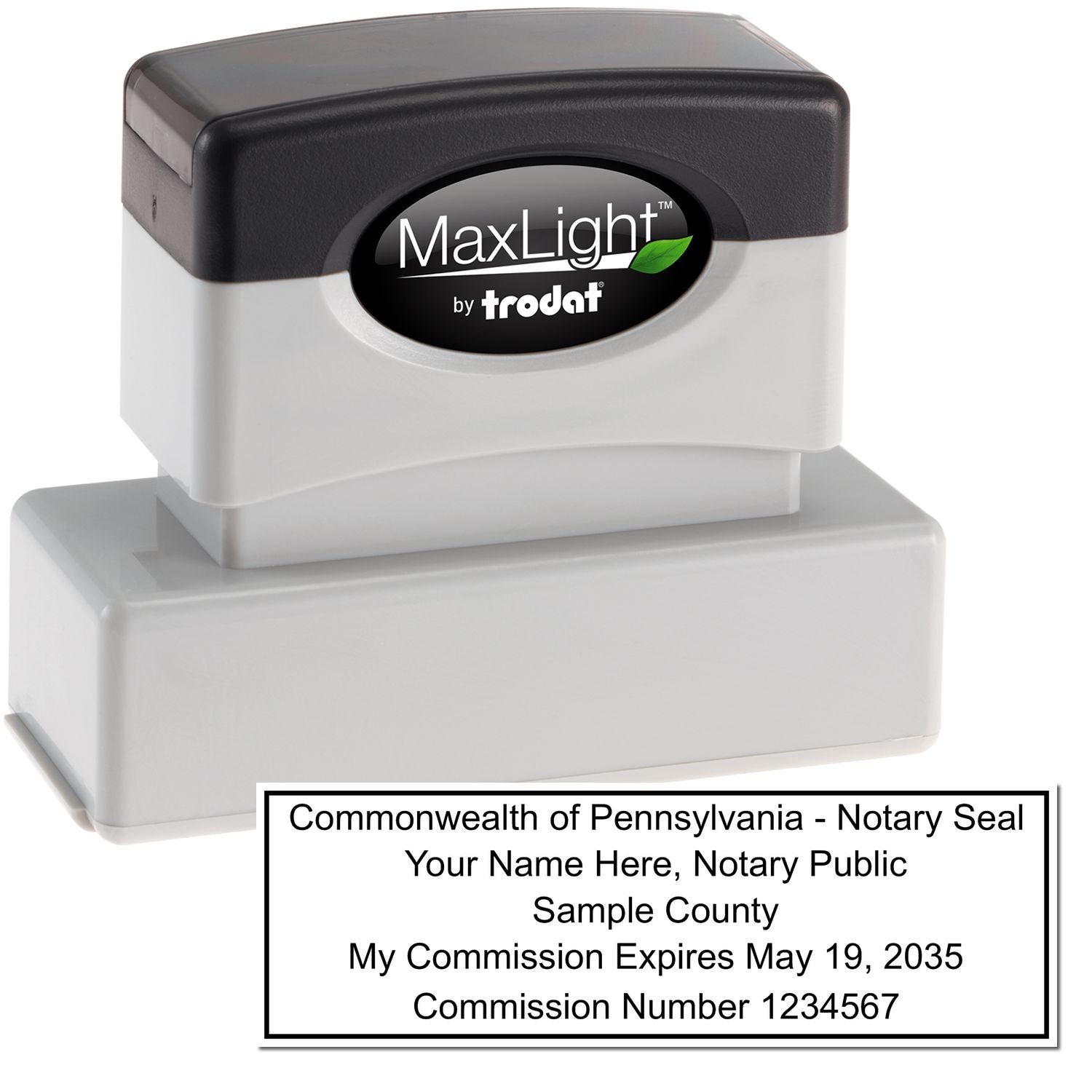 The main image for the MaxLight Premium Pre-Inked Pennsylvania Rectangular Notarial Stamp depicting a sample of the imprint and electronic files