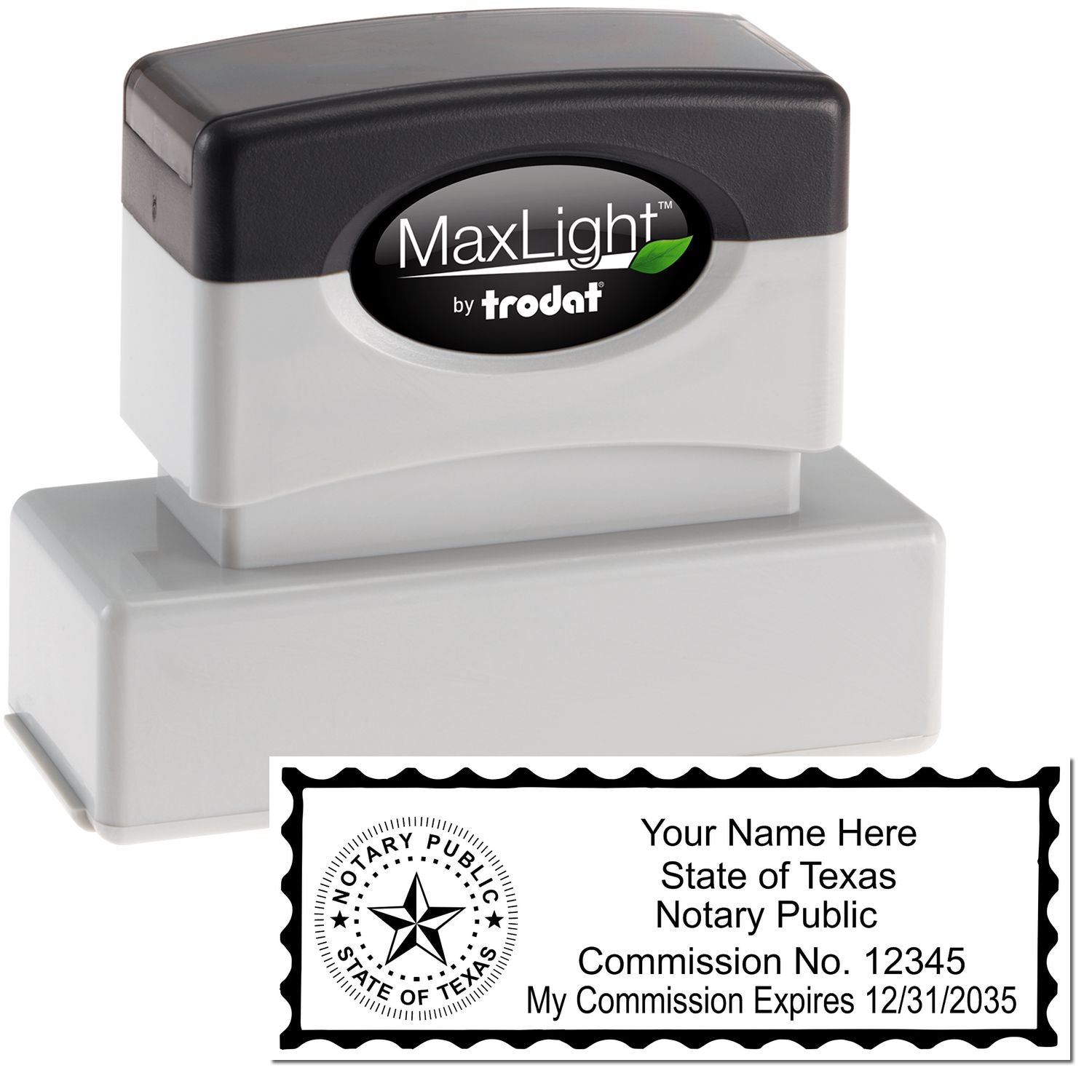 The main image for the MaxLight Premium Pre-Inked Texas State Seal Notarial Stamp depicting a sample of the imprint and electronic files