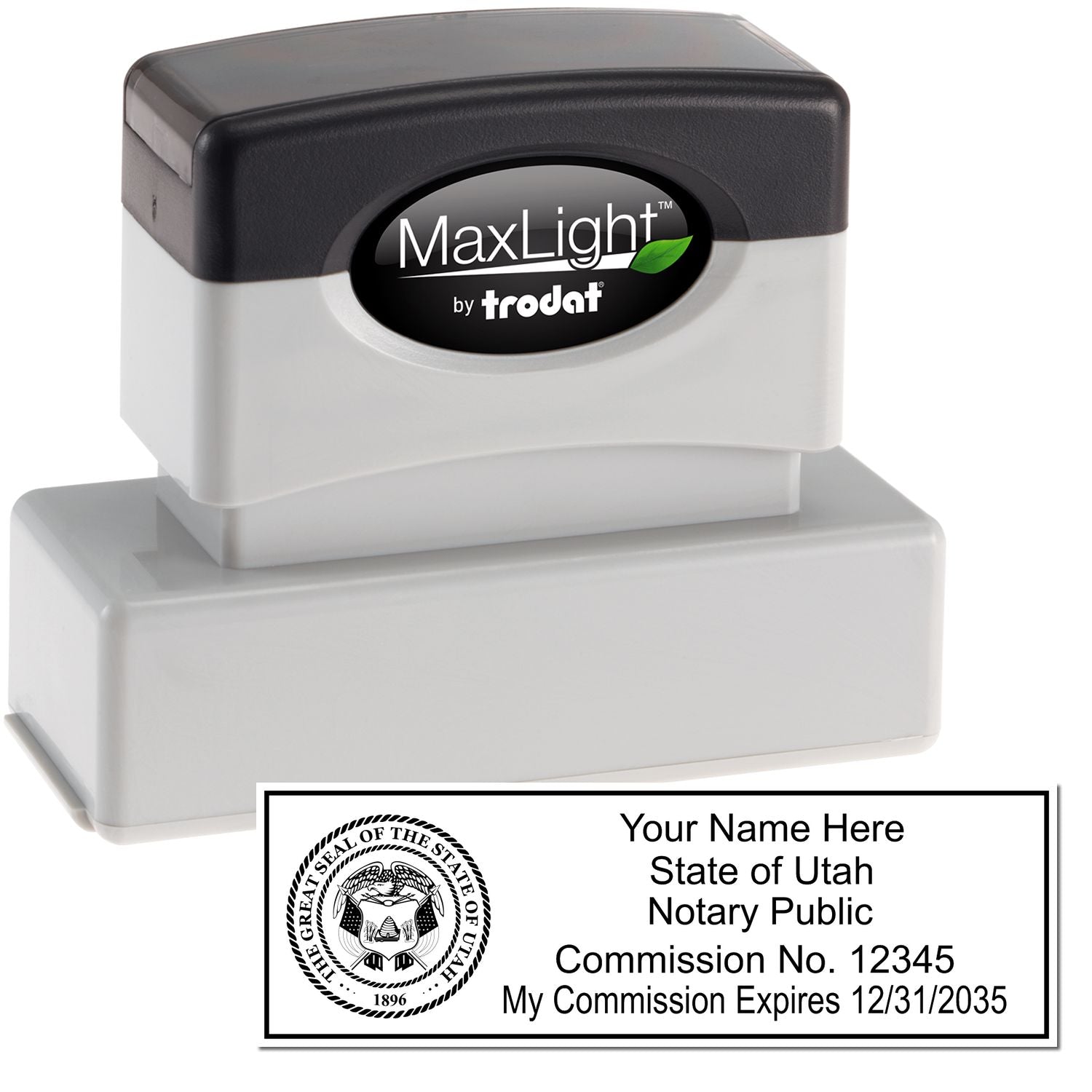 The main image for the MaxLight Premium Pre-Inked Utah State Seal Notarial Stamp depicting a sample of the imprint and electronic files