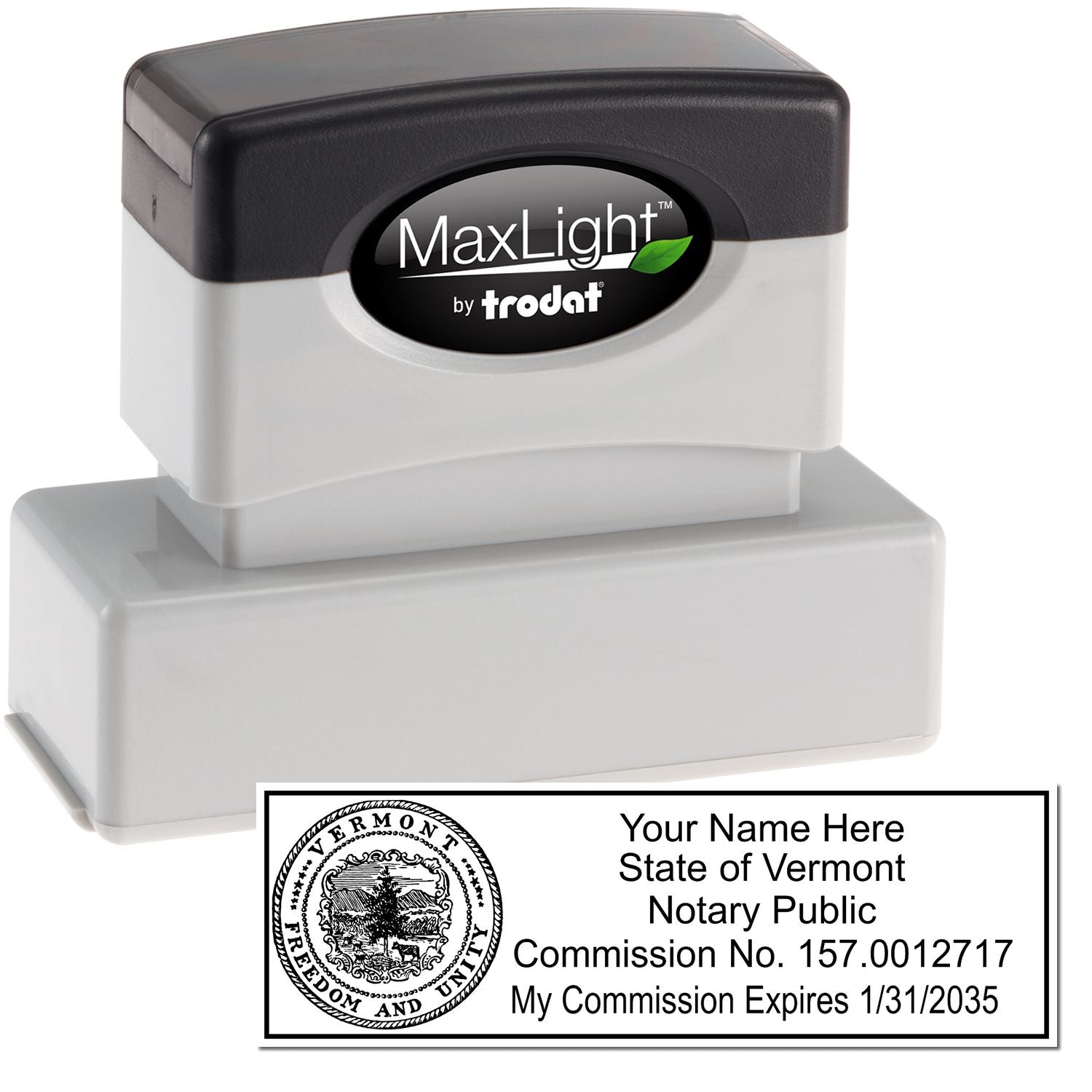 The main image for the MaxLight Premium Pre-Inked Vermont State Seal Notarial Stamp depicting a sample of the imprint and electronic files