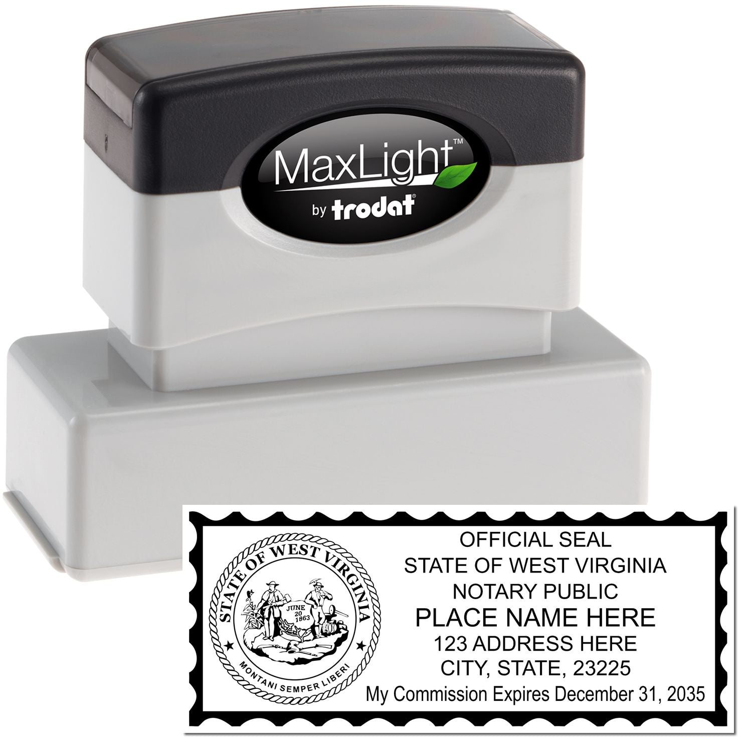 The main image for the MaxLight Premium Pre-Inked West Virginia State Seal Notarial Stamp depicting a sample of the imprint and electronic files