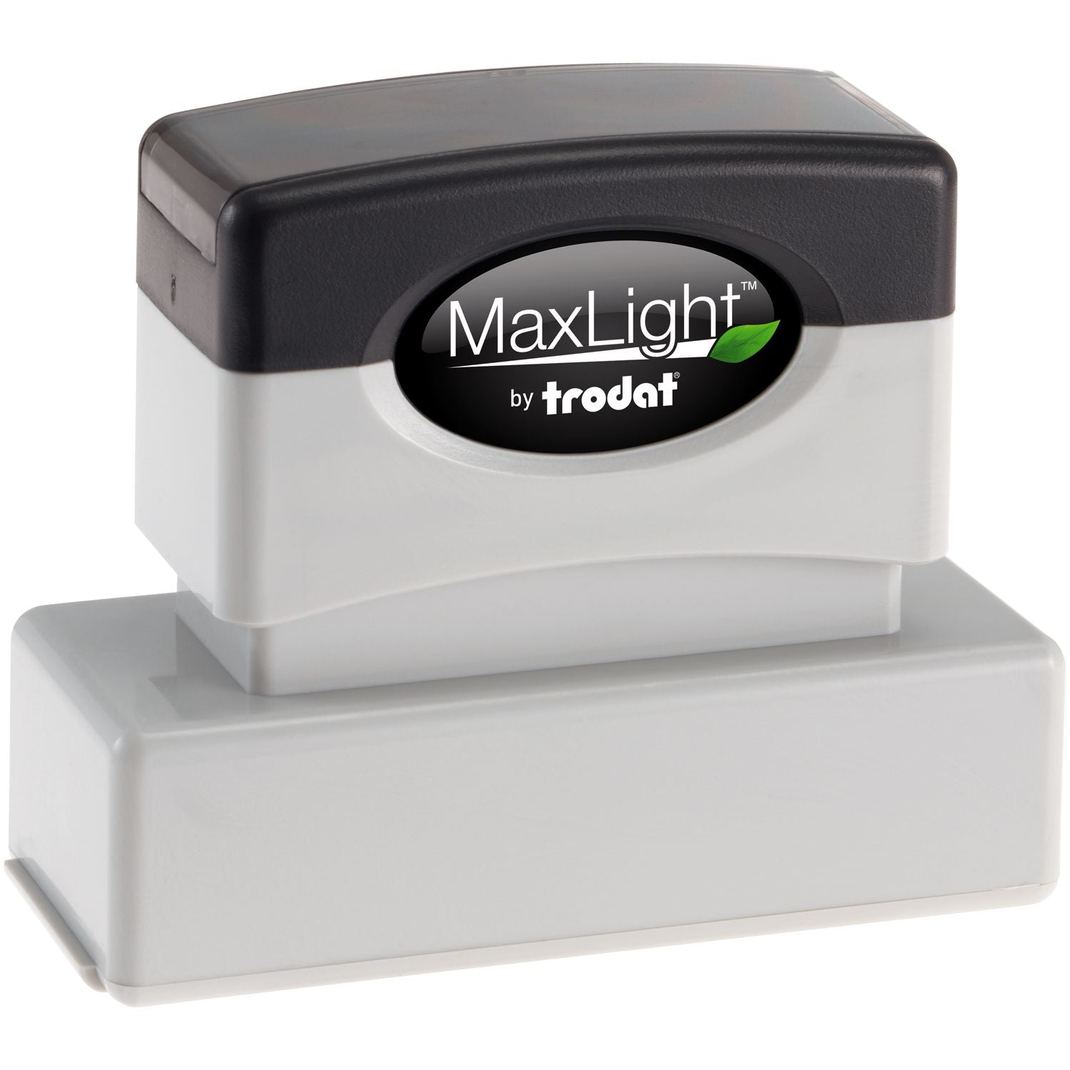 MaxLight XL2-145 Custom Pre-Inked Business Stamp 5/8 x 2-3/8 with a black and white design, shown on a white background.