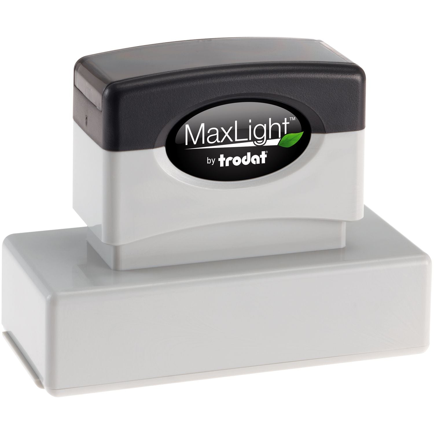 MaxLight XL2-185 Custom Pre-Inked Business Stamp 15/16 x 2-3/4 with black and white casing, shown on a white background.