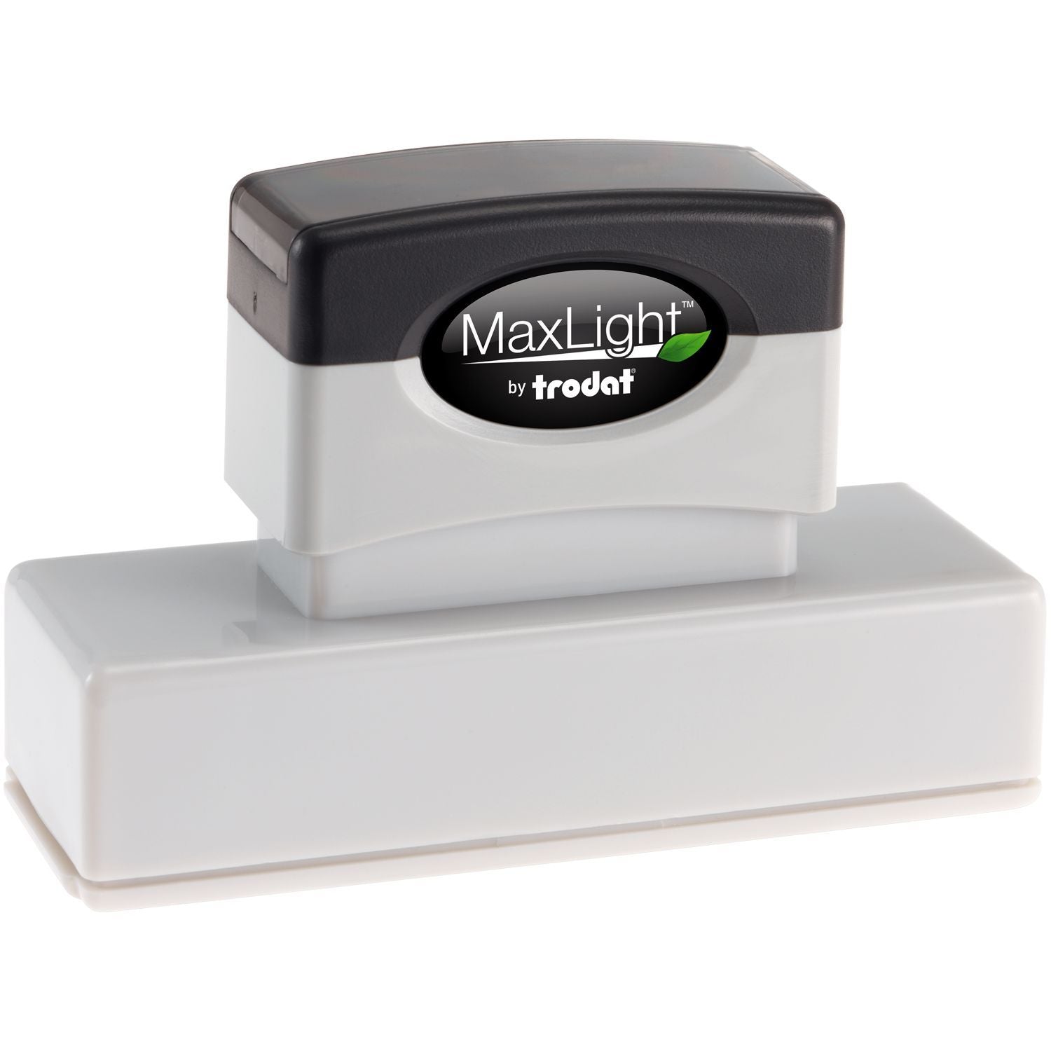 MaxLight XL2-265 Custom Pre-Inked Business Stamp 11/16 x 3-5/16 with a black and white design, shown on a white background.