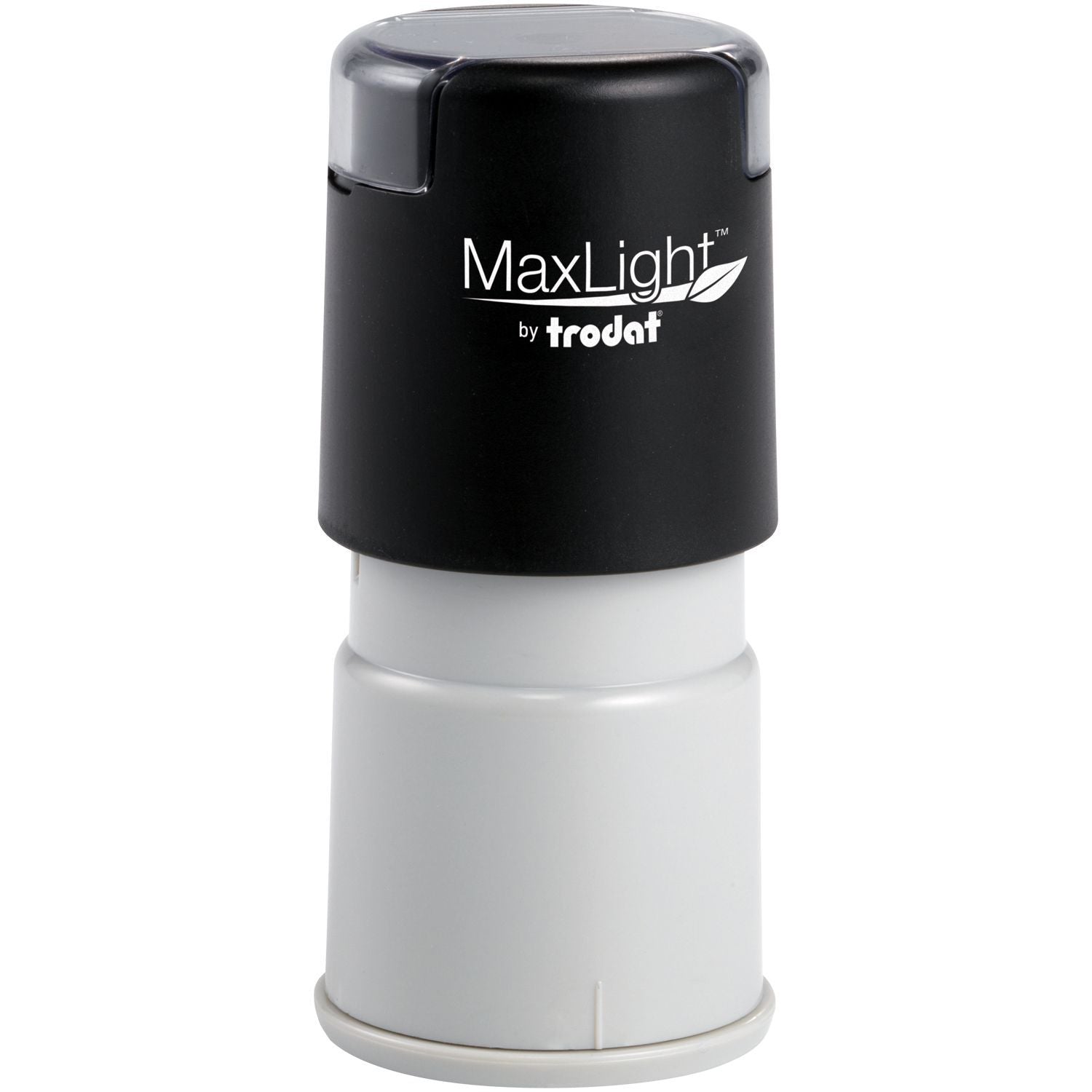 MaxLight XL2-305 Custom Pre-Inked Business Stamp 7/16 Diameter, black and white cylindrical design with a protective cap.