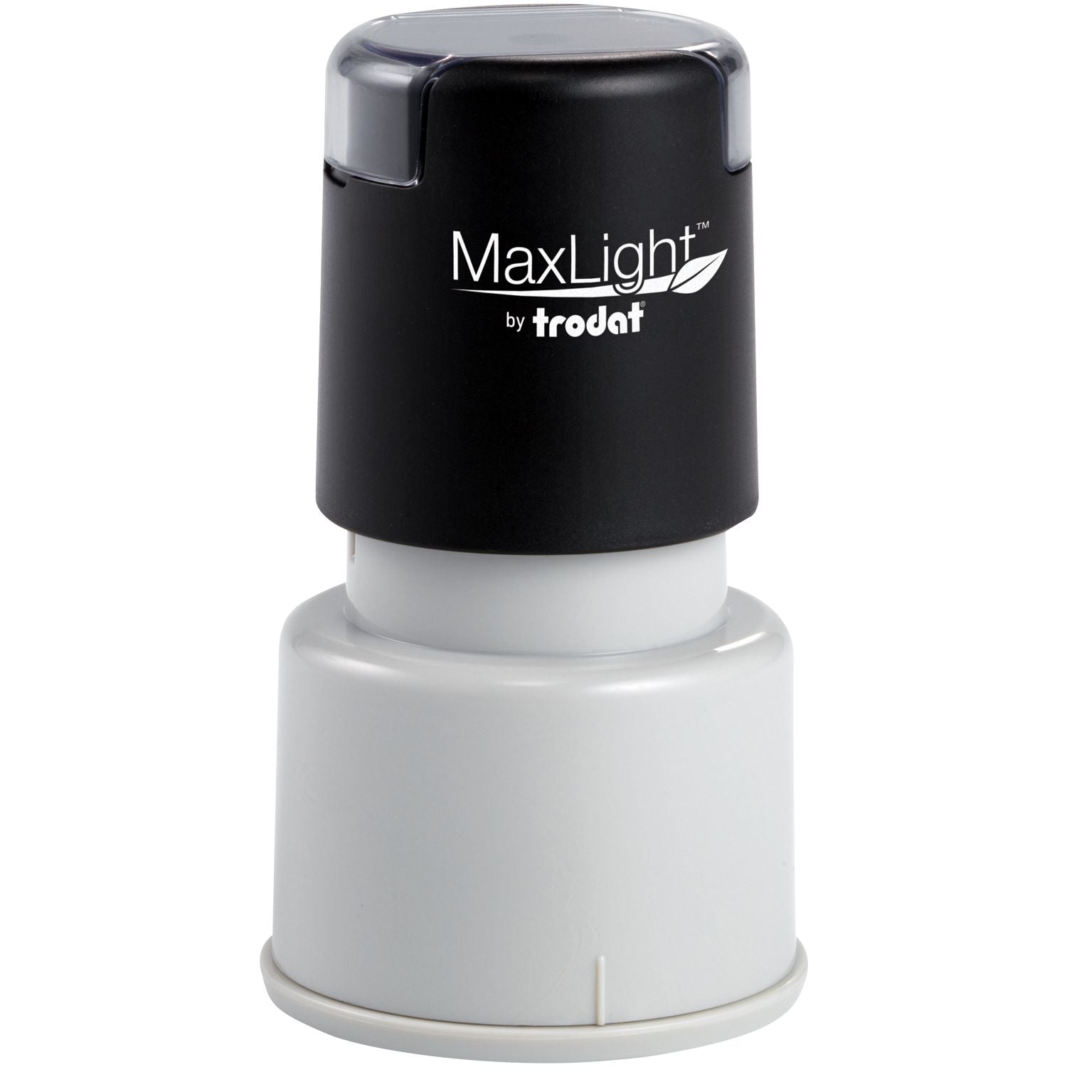 MaxLight XL2-325 Custom Pre-Inked Business Stamp 5/8 Diameter with a black top and white base, shown against a white background.