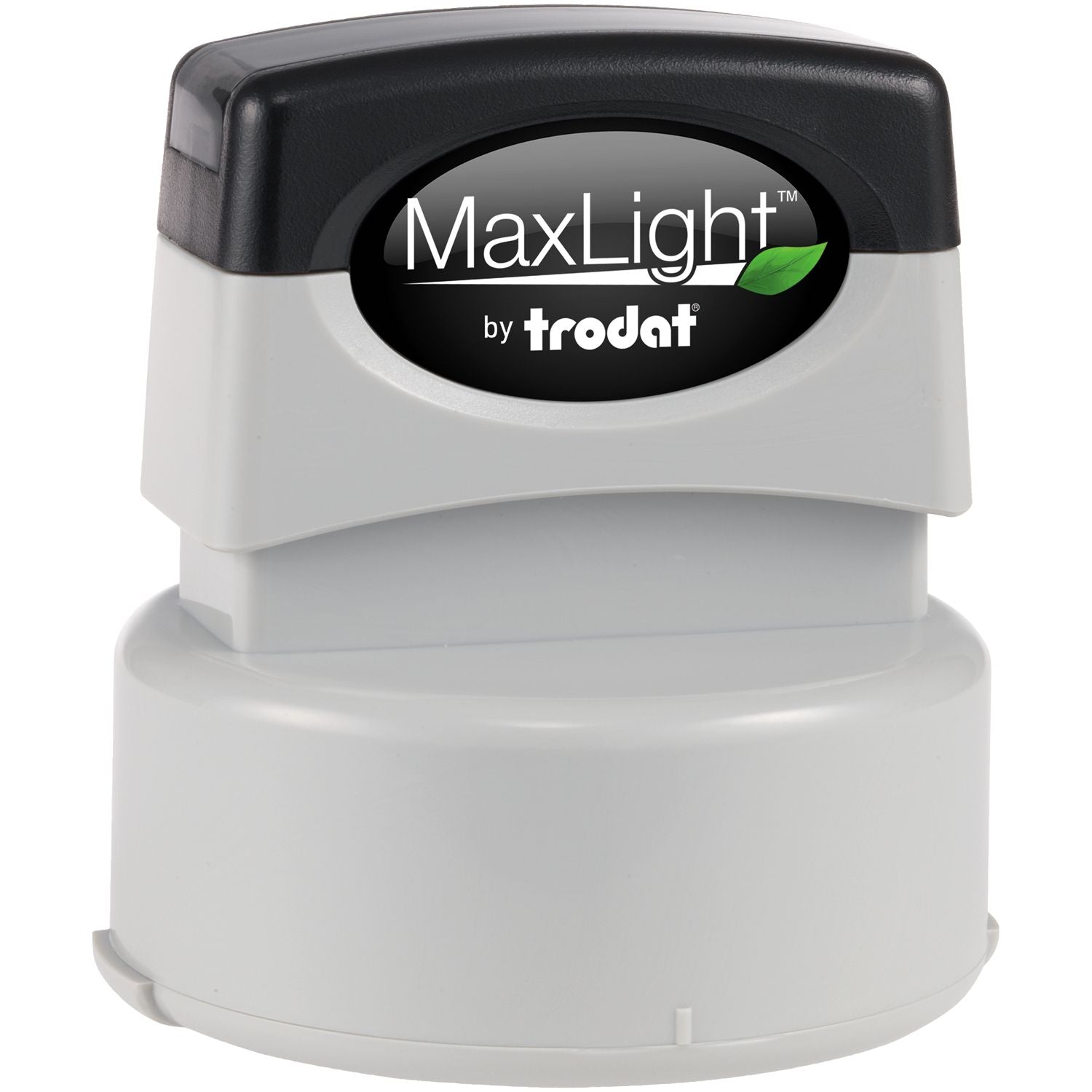 MaxLight XL2-535 Custom Pre-Inked Business Stamp 1-5/8 Diameter with a black and gray design, shown in a standing position.