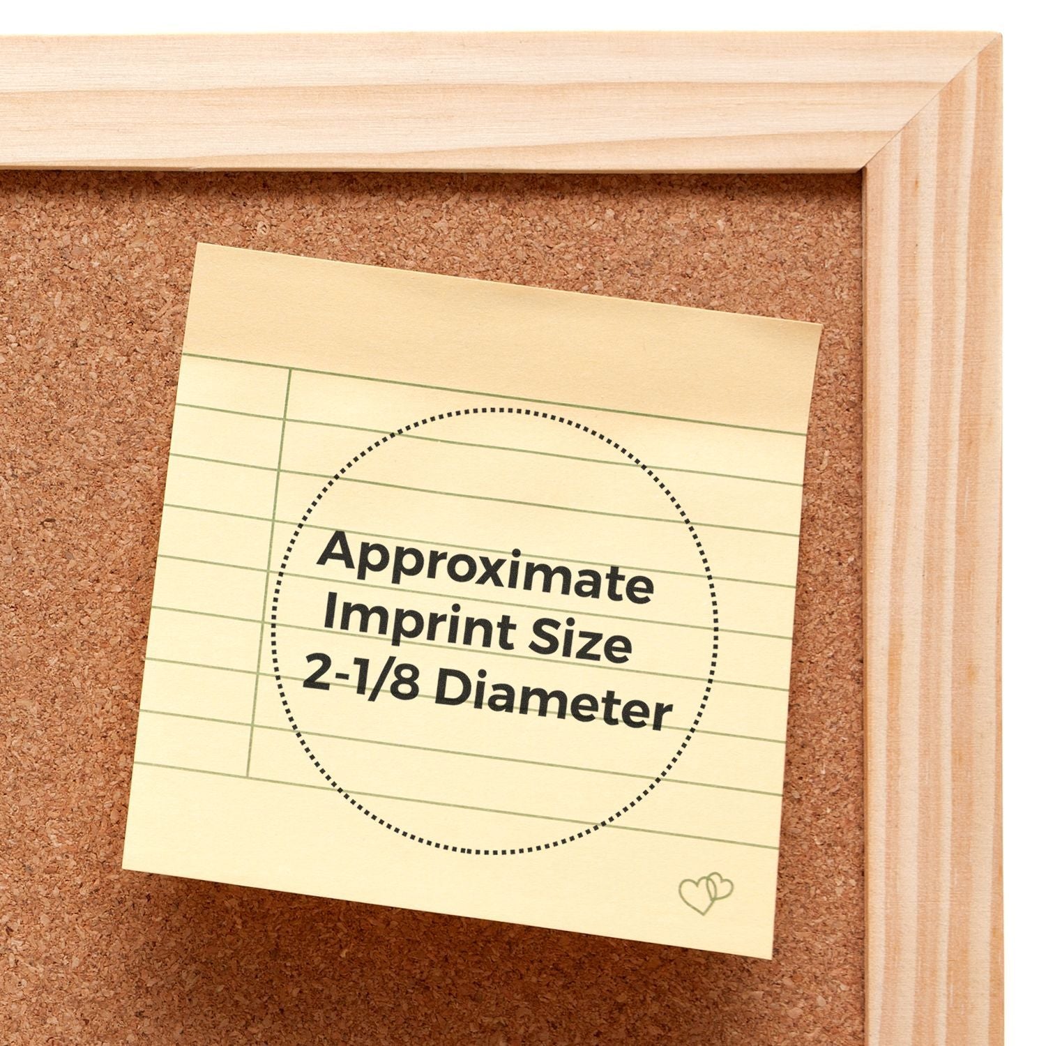 MaxLight XL2-655 Custom Pre-Inked Business Stamp 2 Diameter shown on a corkboard with a sticky note displaying the imprint size.