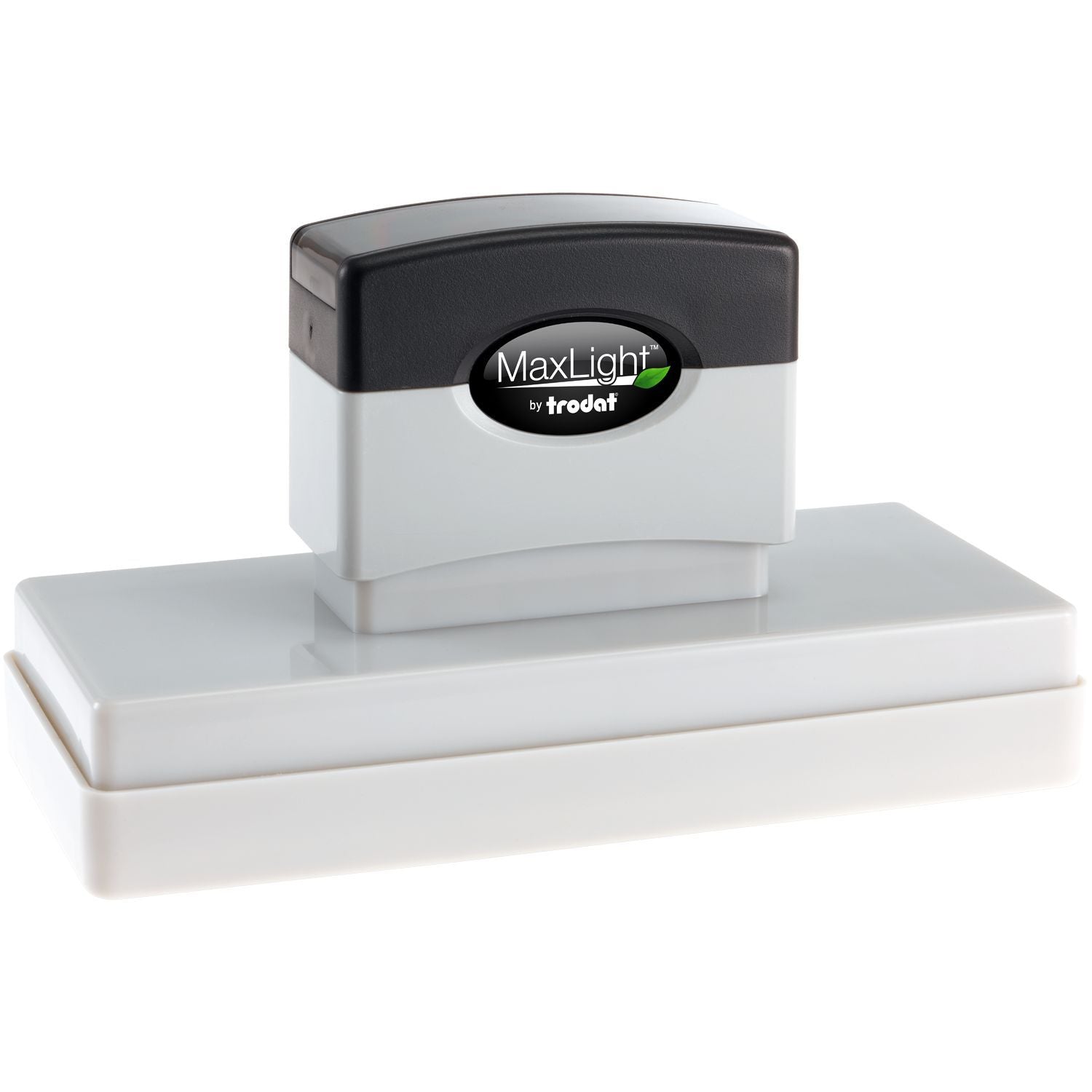 MaxLight XL2-750 Custom Pre-Inked Business Stamp 1-1/2 x 4-1/3 with a black and white design, shown on a white background.