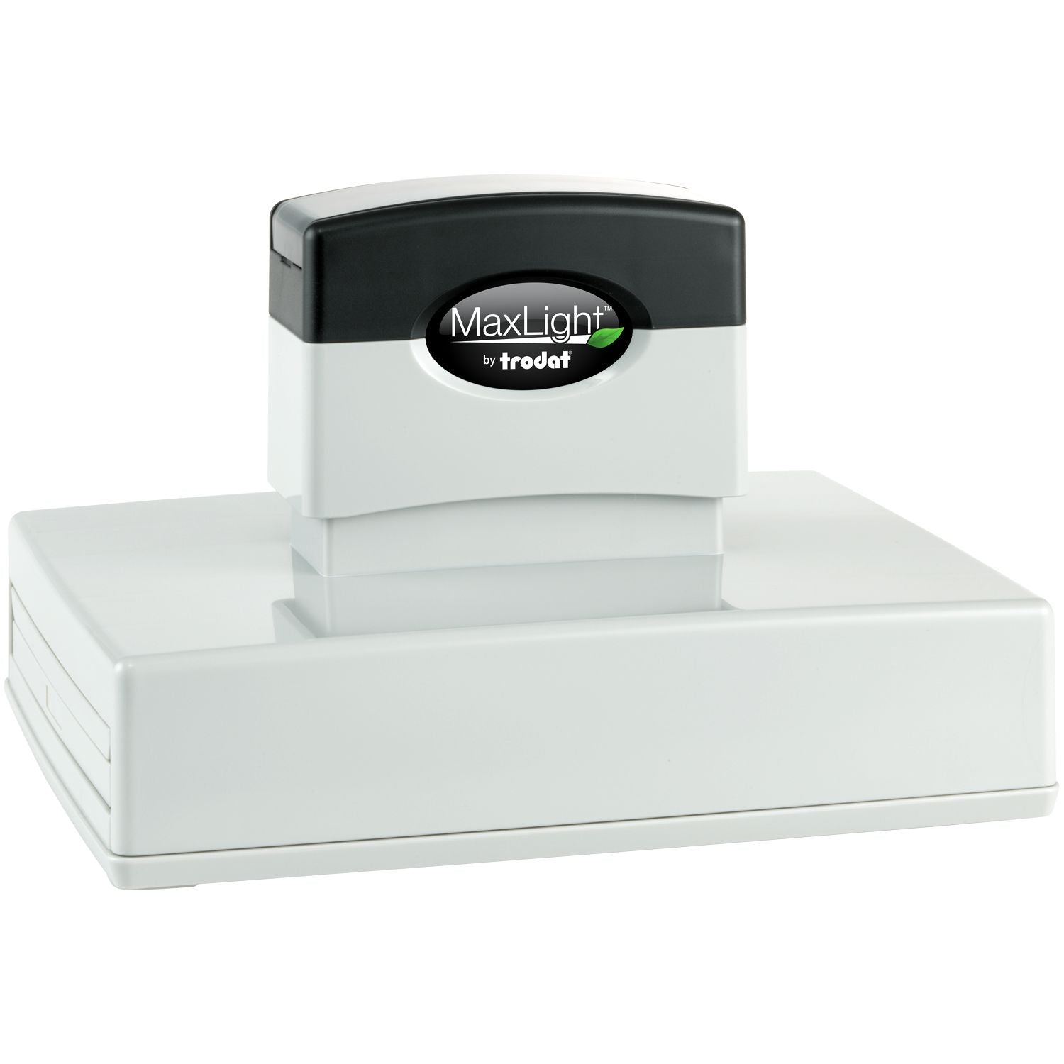 MaxLight XL2-800 Custom Pre-Inked Business Stamp 3-1/8 x 4-1/2, featuring a sleek white and black design with the MaxLight logo on top.