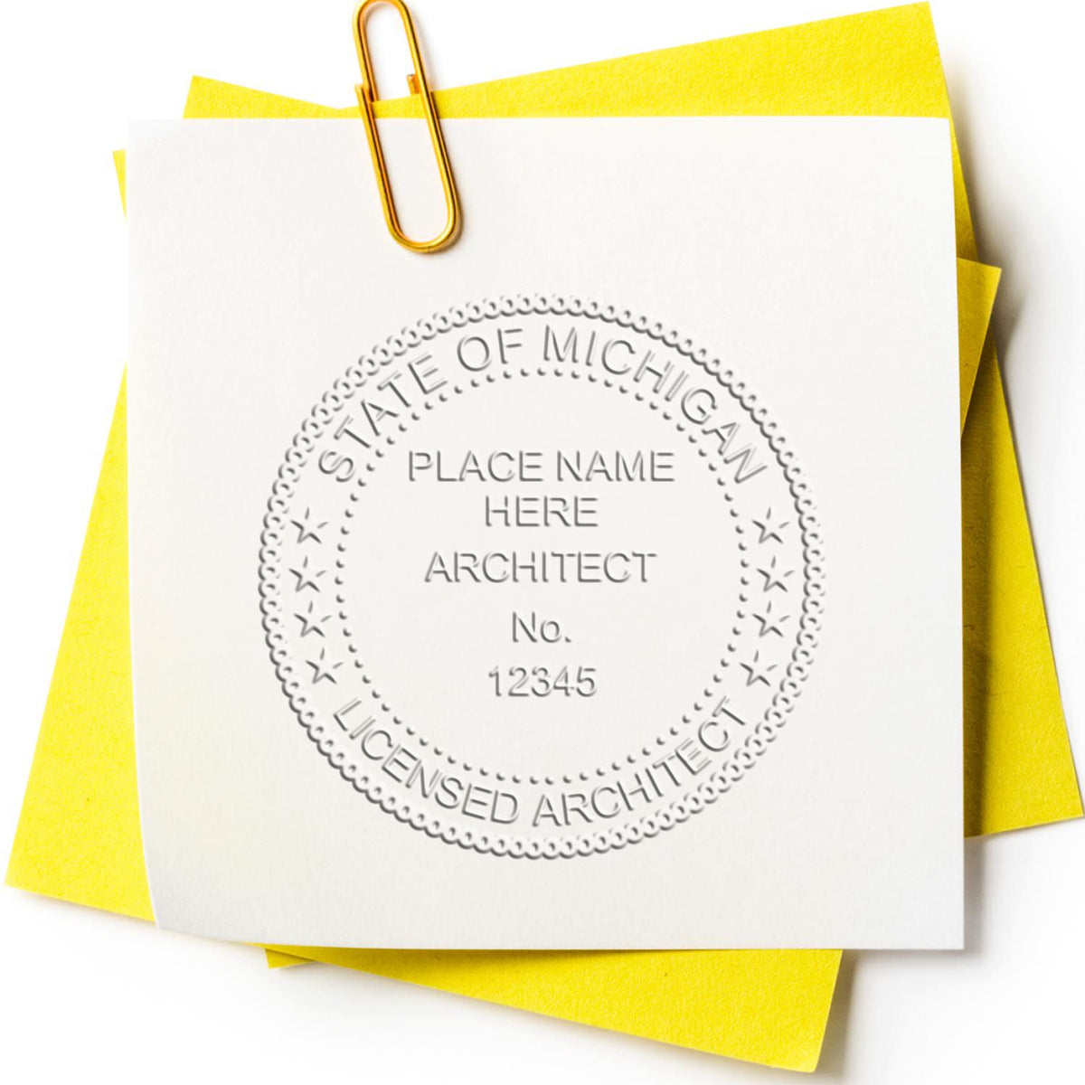 The Gift Michigan Architect Seal stamp impression comes to life with a crisp, detailed image stamped on paper - showcasing true professional quality.