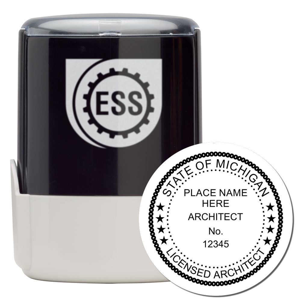 Self Inking Michigan Architect Stamp with a black body and a round imprint displaying STATE OF MICHIGAN LICENSED ARCHITECT.