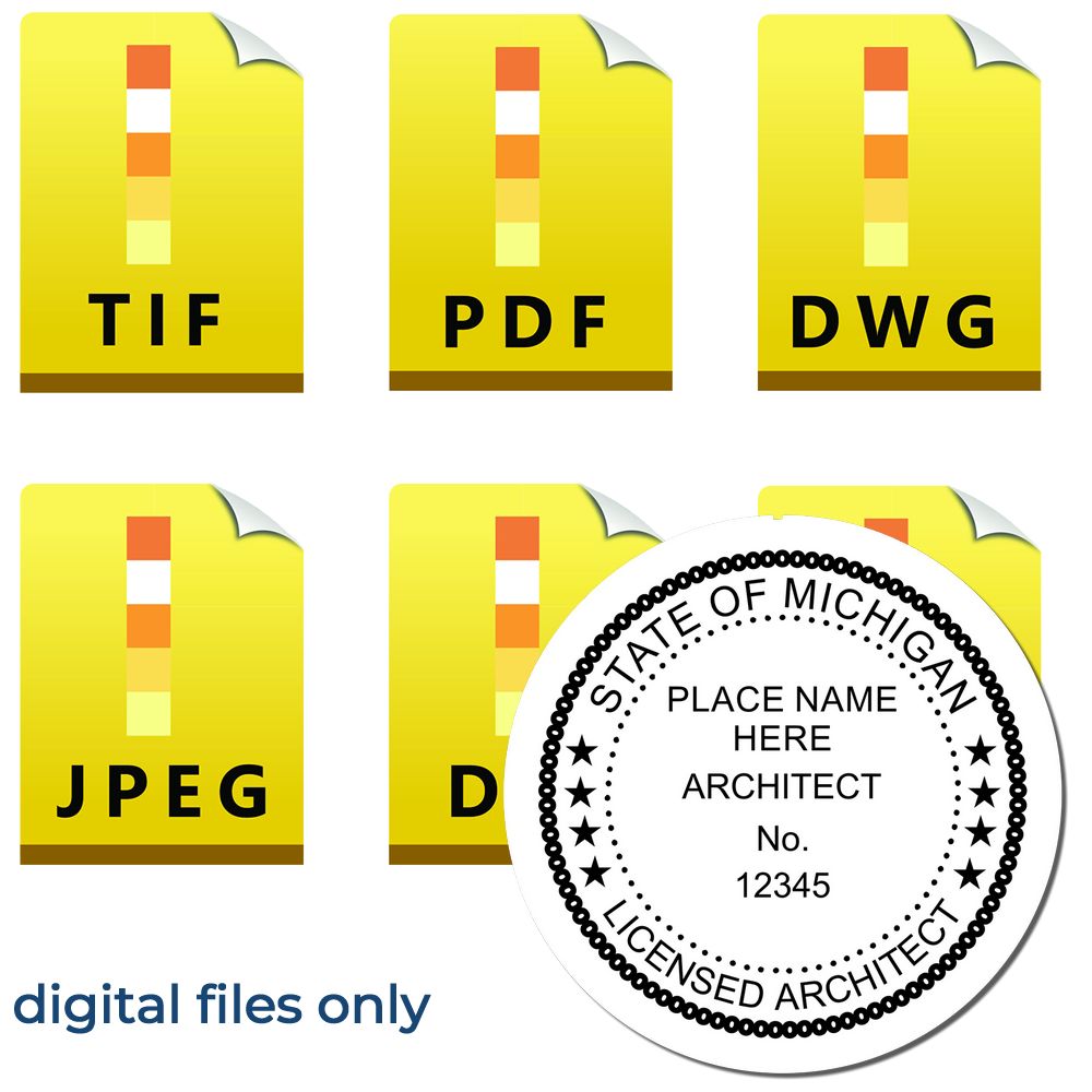 Digital Michigan Architect Stamp, Electronic Seal for Michigan Architect, shown in various file formats including TIF, PDF, DWG, JPEG, and DXF.