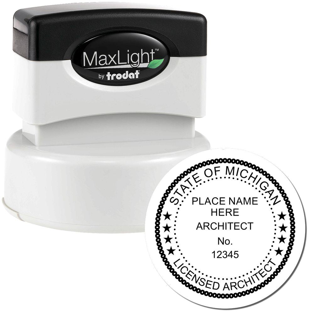 Premium MaxLight Pre-Inked Michigan Architectural Stamp with black handle and round imprint displaying "State of Michigan Licensed Architect."