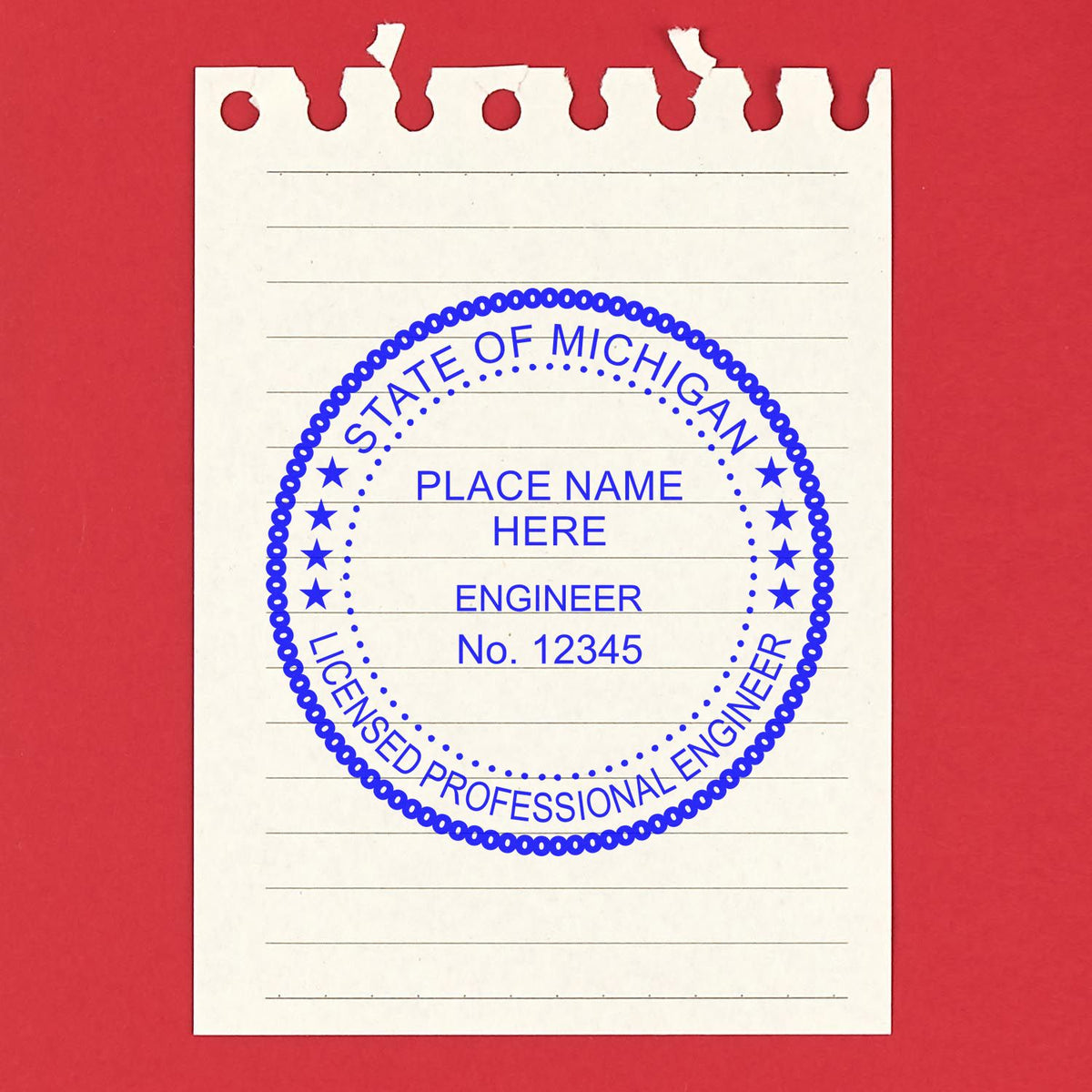 A lifestyle photo showing a stamped image of the Premium MaxLight Pre-Inked Michigan Engineering Stamp on a piece of paper