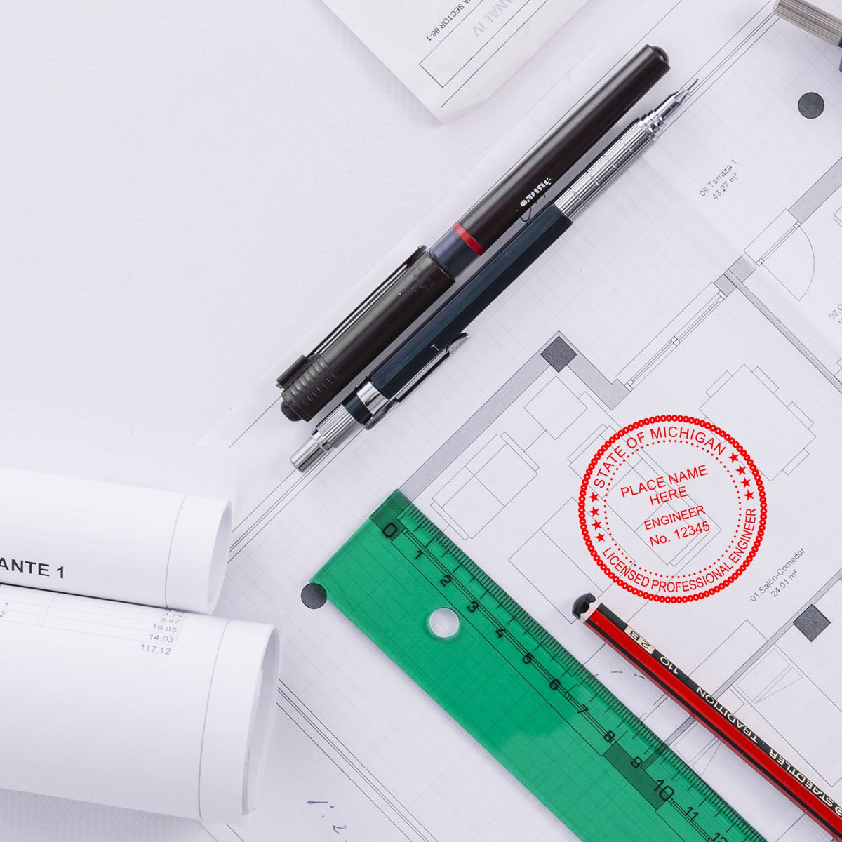 The Premium MaxLight Pre-Inked Michigan Engineering Stamp stamp impression comes to life with a crisp, detailed photo on paper - showcasing true professional quality.
