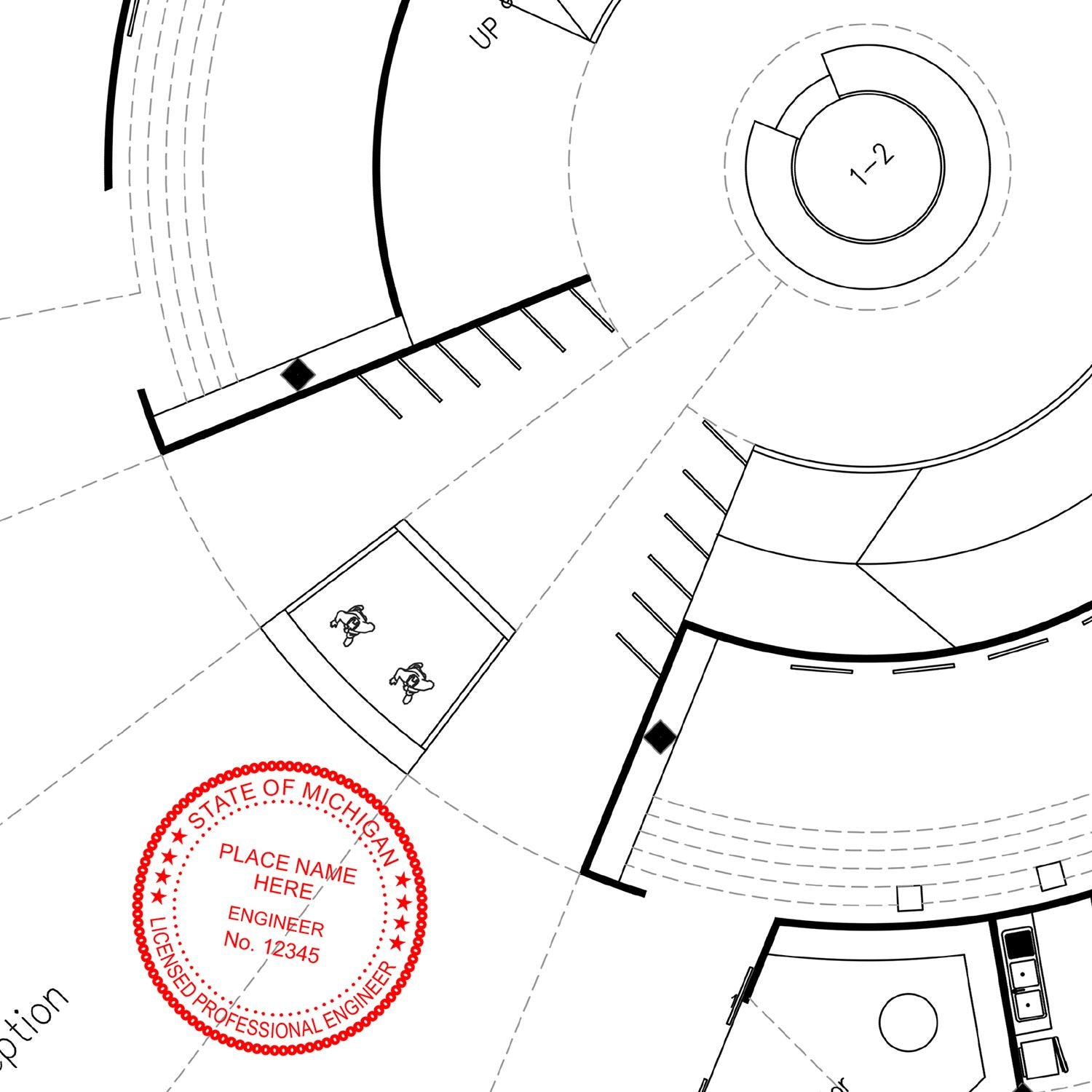 An alternative view of the Premium MaxLight Pre-Inked Michigan Engineering Stamp stamped on a sheet of paper showing the image in use