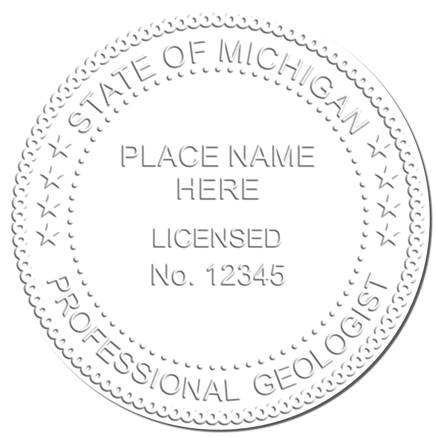 This paper is stamped with a sample imprint of the Handheld Michigan Professional Geologist Embosser, signifying its quality and reliability.