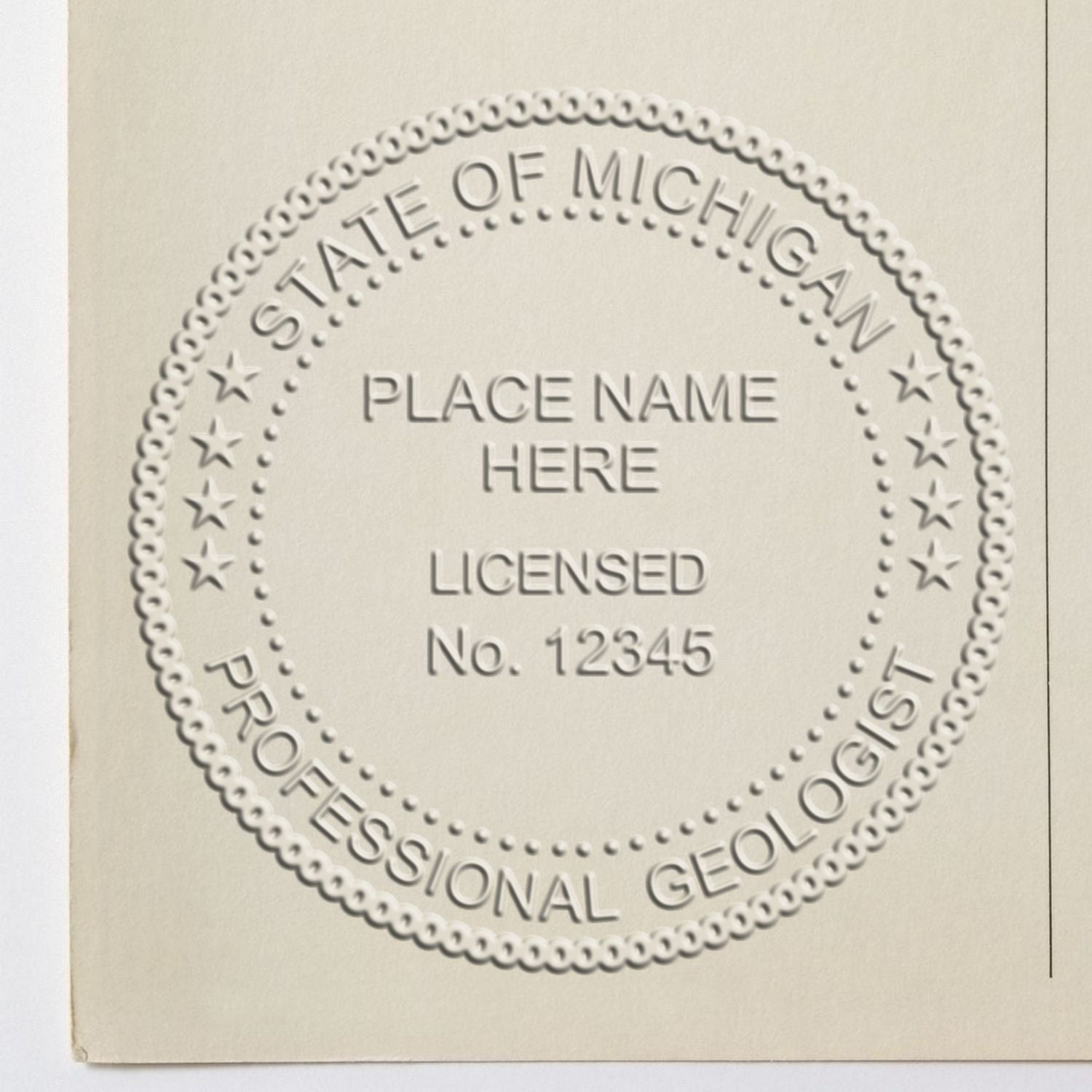 An alternative view of the State of Michigan Extended Long Reach Geologist Seal stamped on a sheet of paper showing the image in use