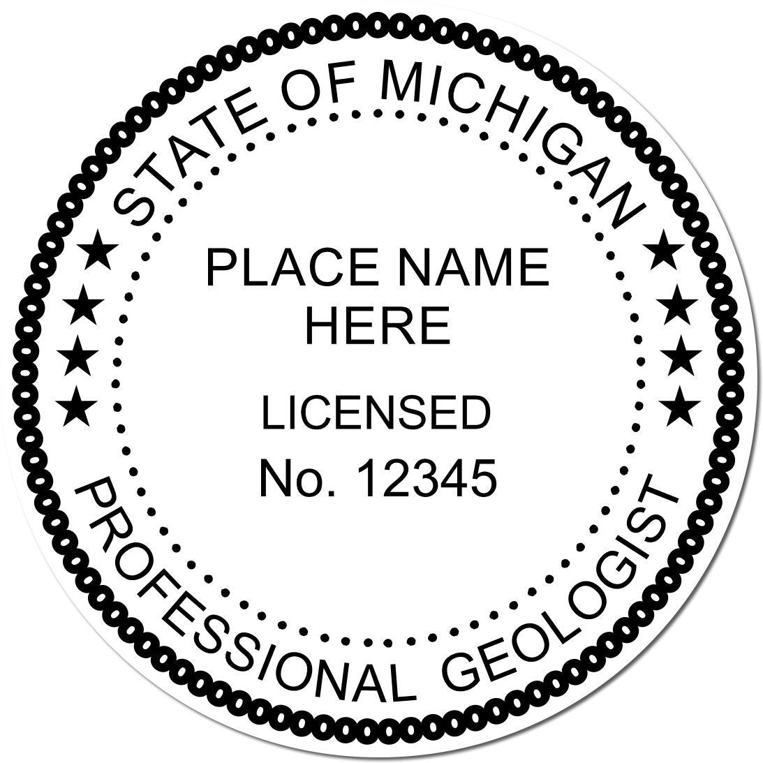 An alternative view of the Premium MaxLight Pre-Inked Michigan Geology Stamp stamped on a sheet of paper showing the image in use
