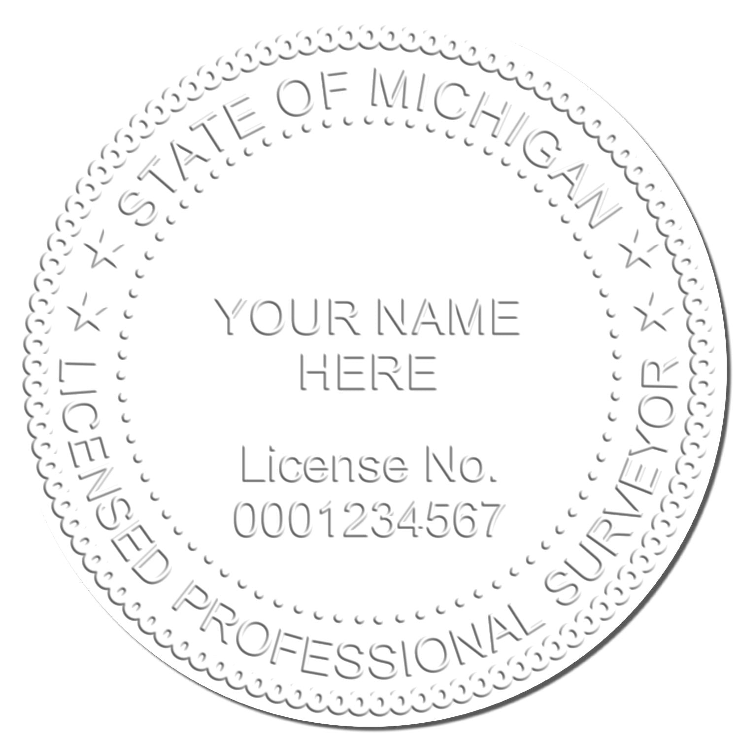 This paper is stamped with a sample imprint of the Handheld Michigan Land Surveyor Seal, signifying its quality and reliability.