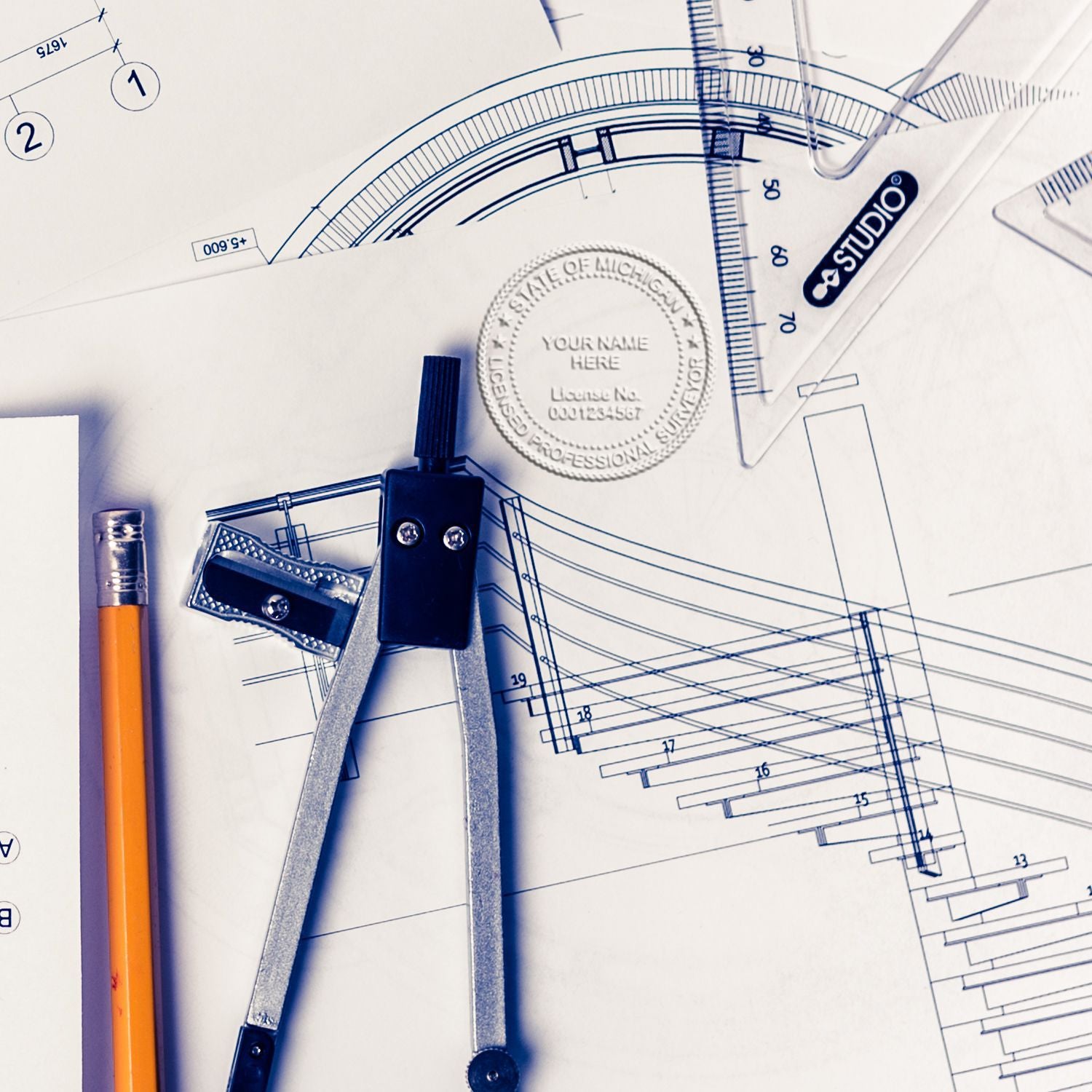 The Extended Long Reach Michigan Surveyor Embosser stamp impression comes to life with a crisp, detailed photo on paper - showcasing true professional quality.