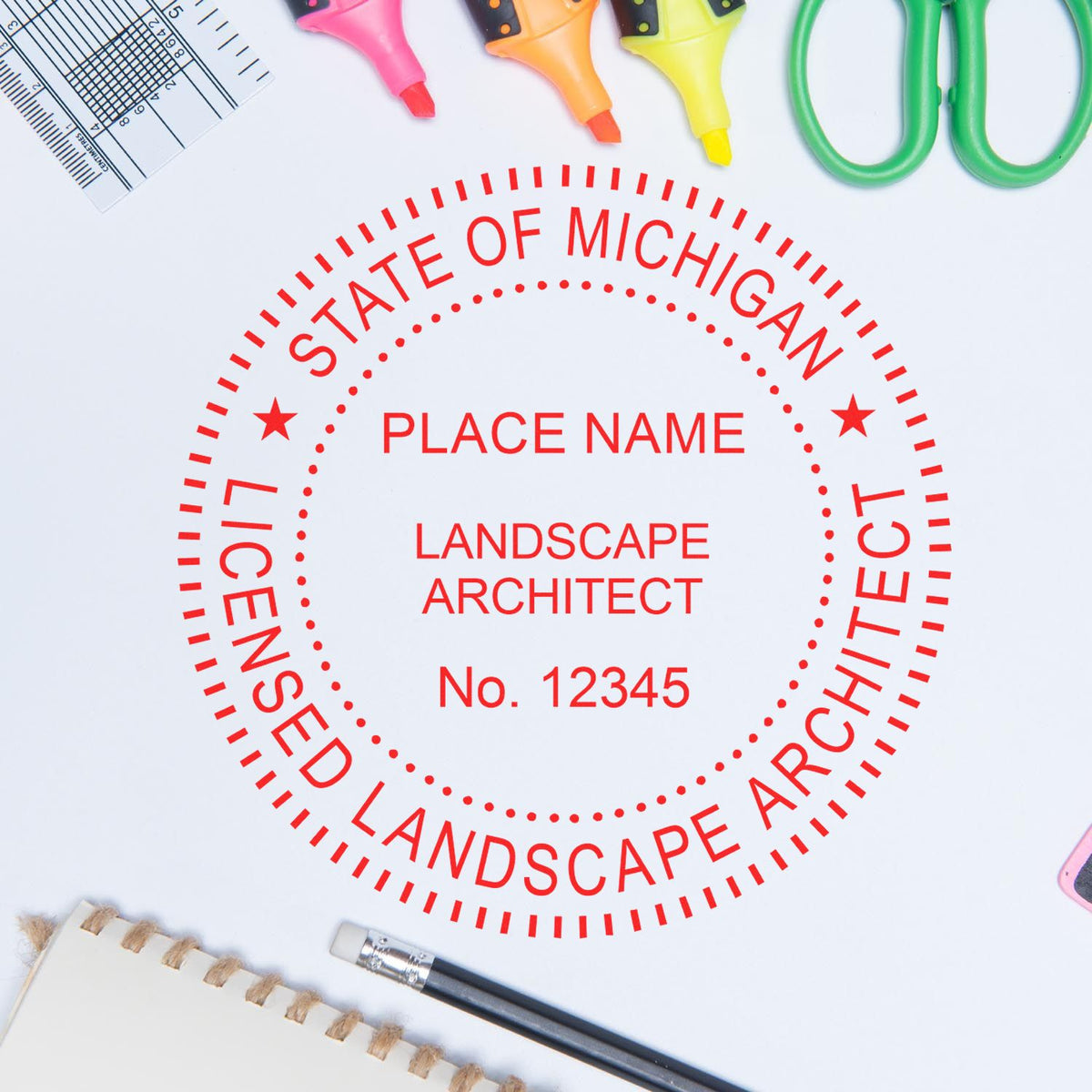 A stamped impression of the Slim Pre-Inked Michigan Landscape Architect Seal Stamp in this stylish lifestyle photo, setting the tone for a unique and personalized product.