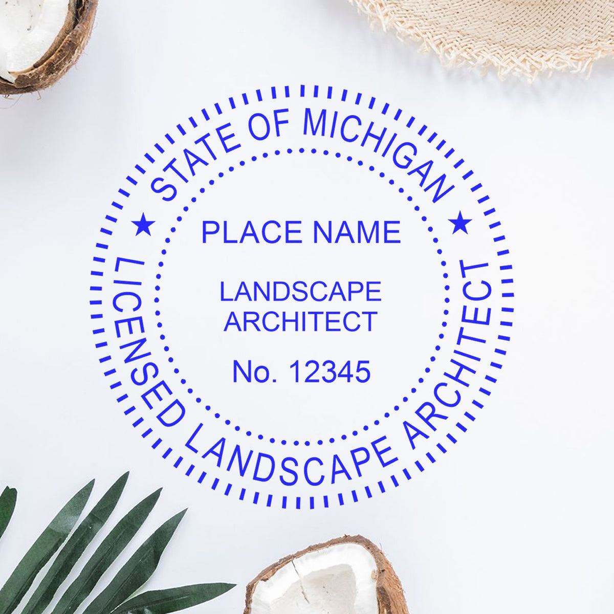 Another Example of a stamped impression of the Slim Pre-Inked Michigan Landscape Architect Seal Stamp on a piece of office paper.