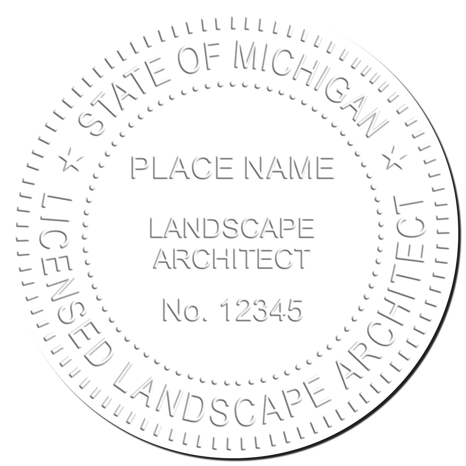 This paper is stamped with a sample imprint of the State of Michigan Handheld Landscape Architect Seal, signifying its quality and reliability.