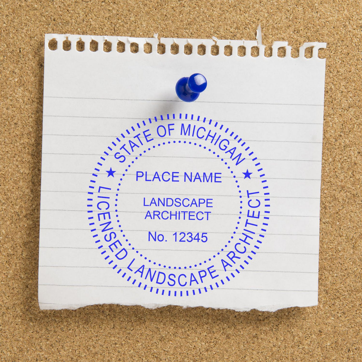 An alternative view of the Slim Pre-Inked Michigan Landscape Architect Seal Stamp stamped on a sheet of paper showing the image in use