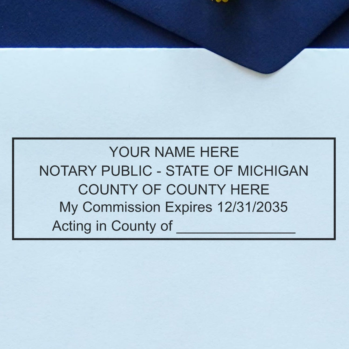 A stamped impression of the Self-Inking State Seal Michigan Notary Stamp in this stylish lifestyle photo, setting the tone for a unique and personalized product.
