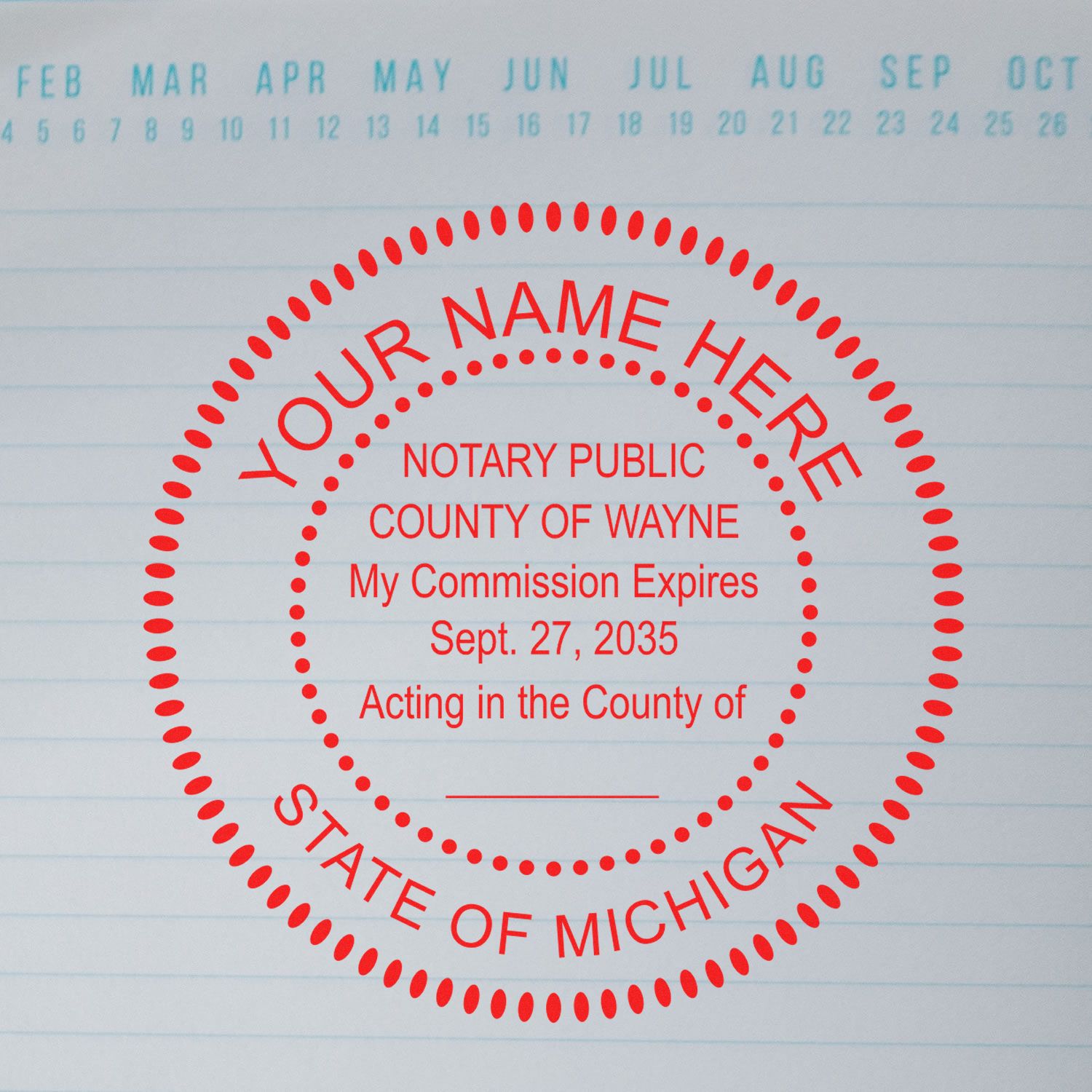 Heavy-Duty Round Michigan Notary Stamp in use photo showing a stamped imprint of the Heavy-Duty Round Michigan Notary Stamp