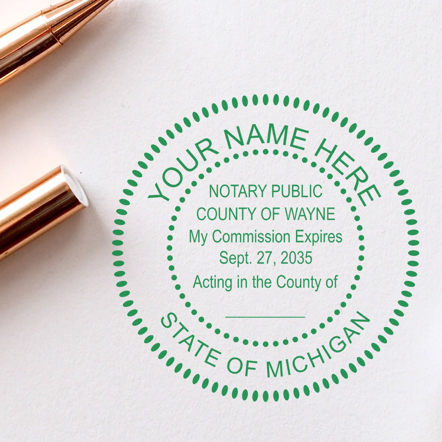 A photograph of the Heavy-Duty Round Michigan Notary Stamp stamp impression reveals a vivid, professional image of the on paper.
