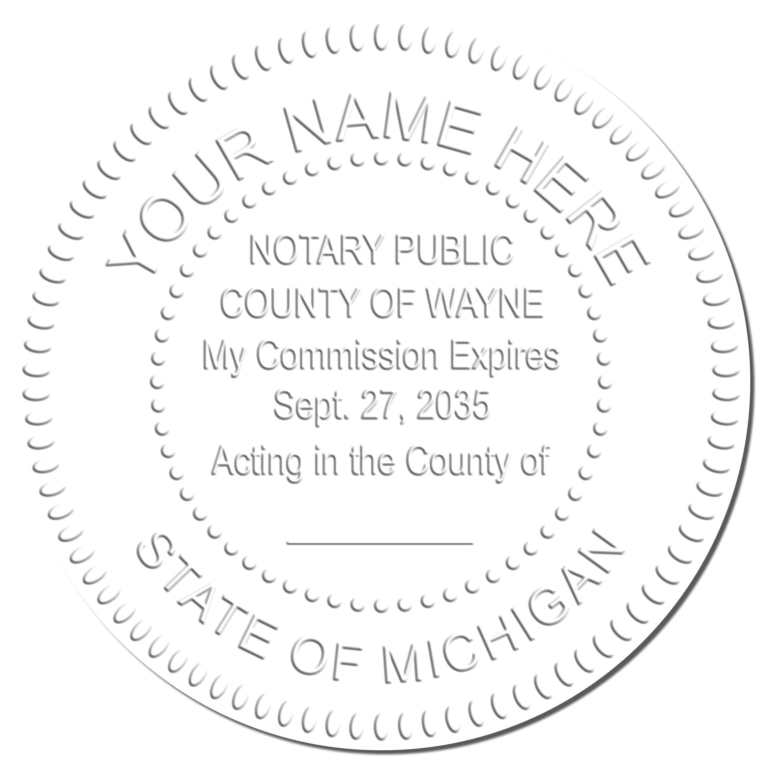 This paper is stamped with a sample imprint of the Michigan Handheld Notary Seal Embosser, signifying its quality and reliability.