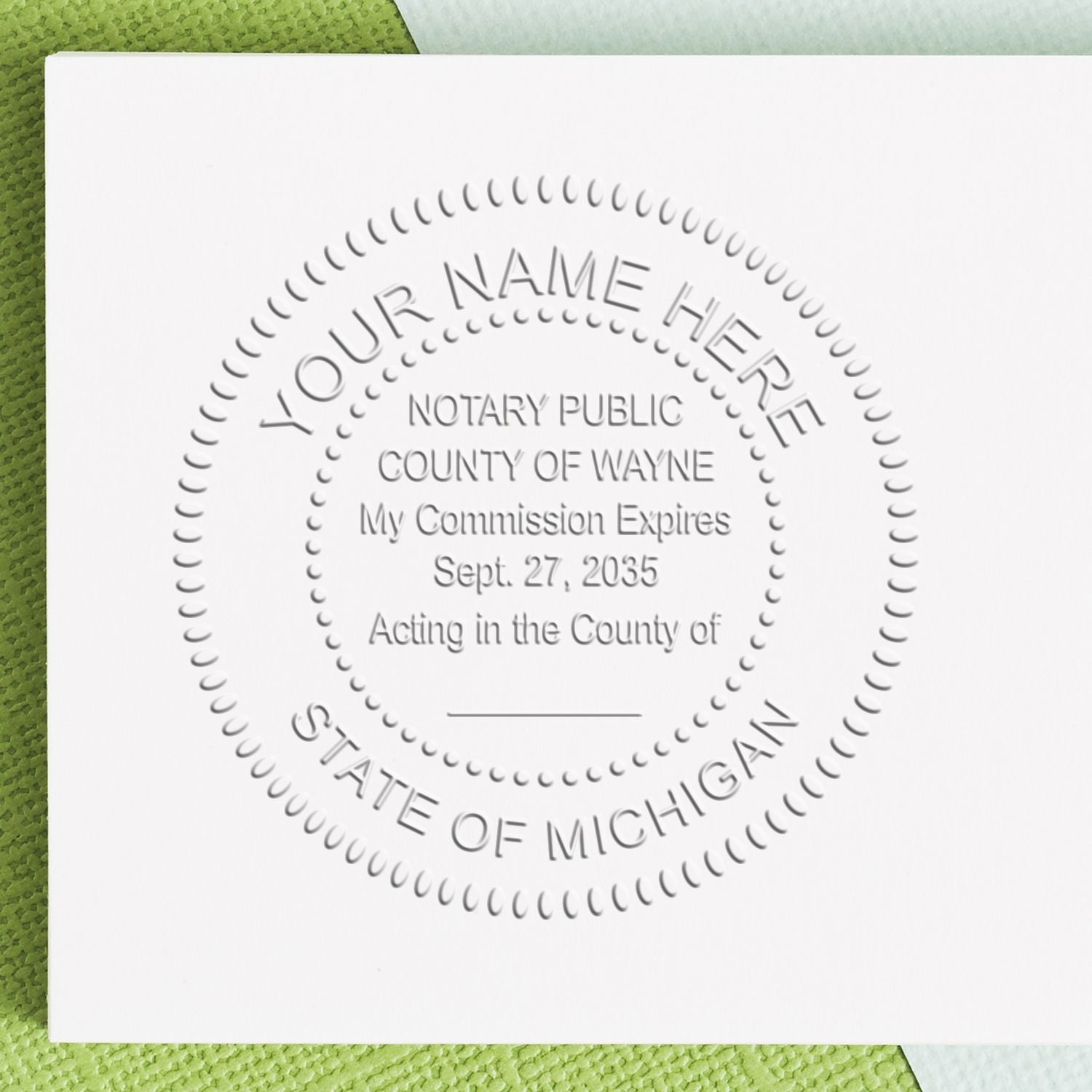 A photograph of the Michigan Desk Notary Public Seal stamp impression reveals a vivid, professional image of the on paper.