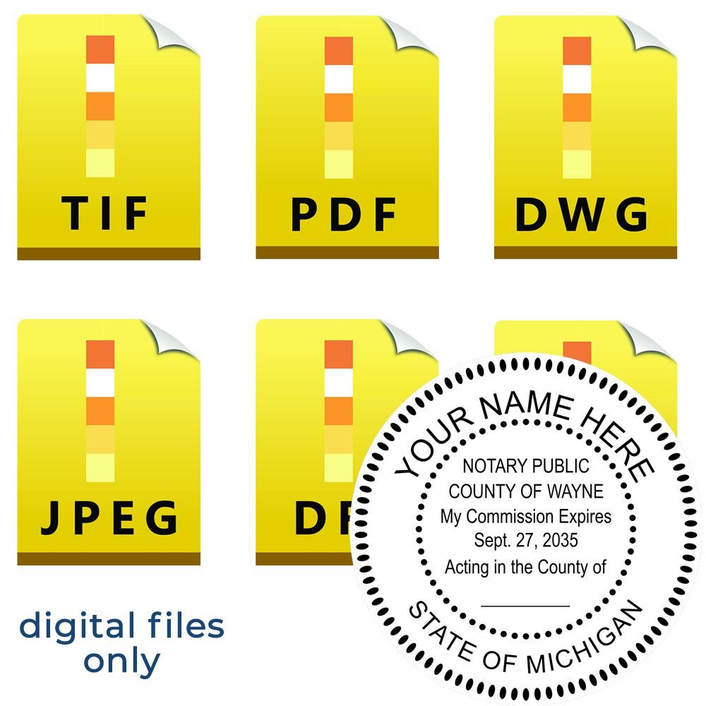 The main image for the Michigan Round Electronic Notary Stamp depicting a sample of the imprint and electronic files