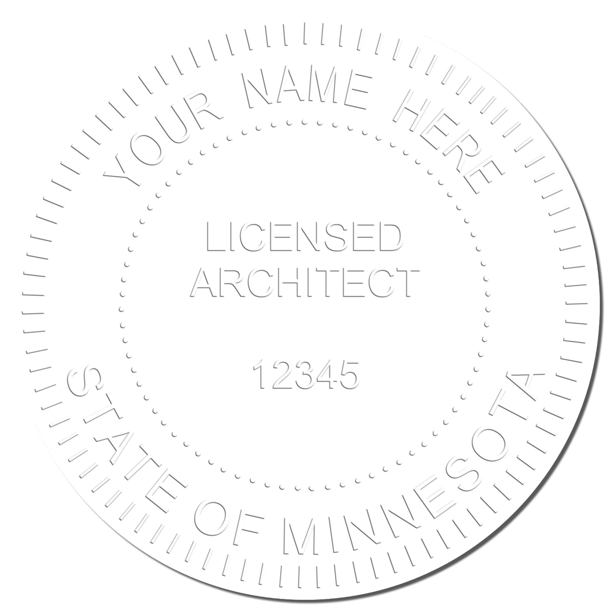 A photograph of the Handheld Minnesota Architect Seal Embosser stamp impression reveals a vivid, professional image of the on paper.
