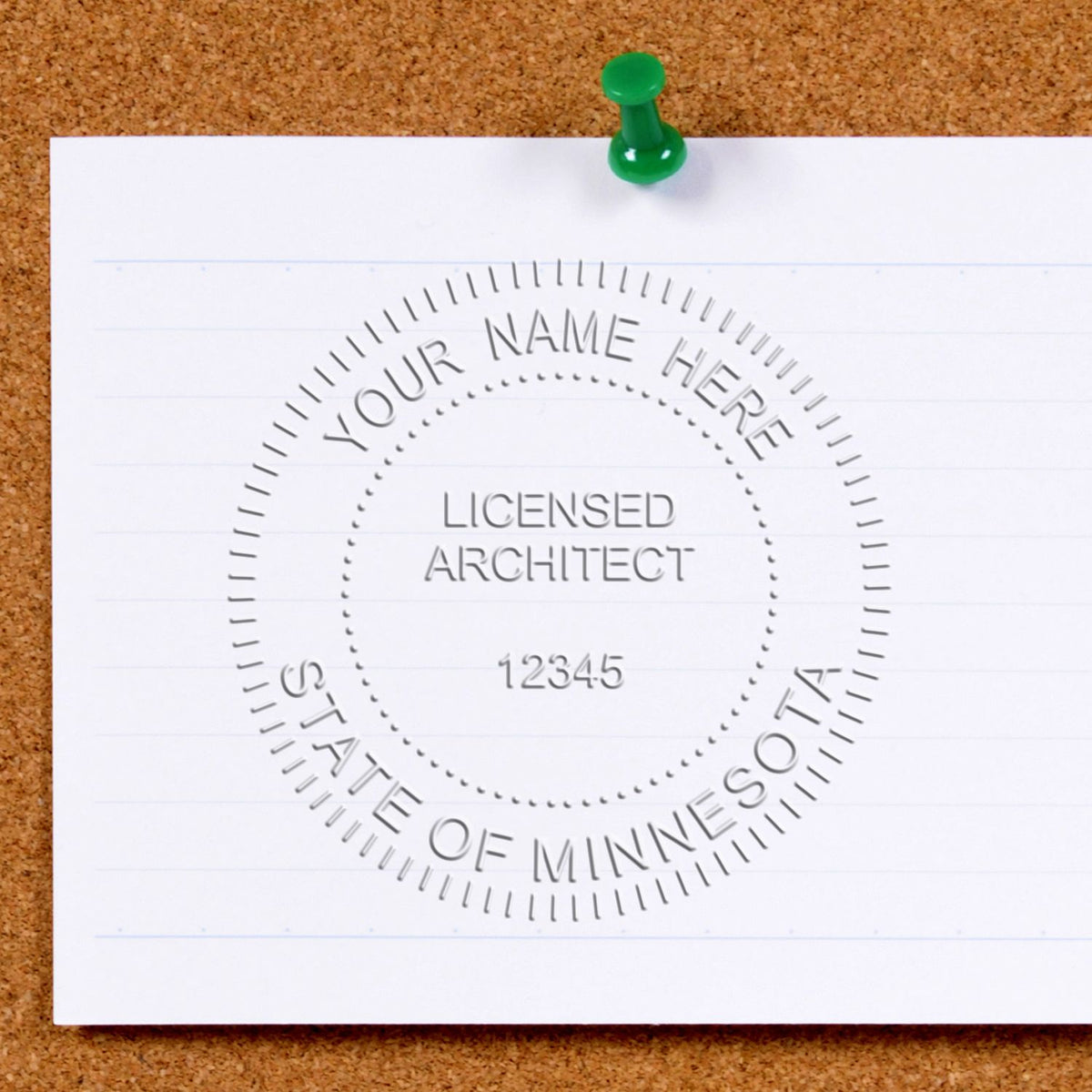 This paper is stamped with a sample imprint of the Handheld Minnesota Architect Seal Embosser, signifying its quality and reliability.