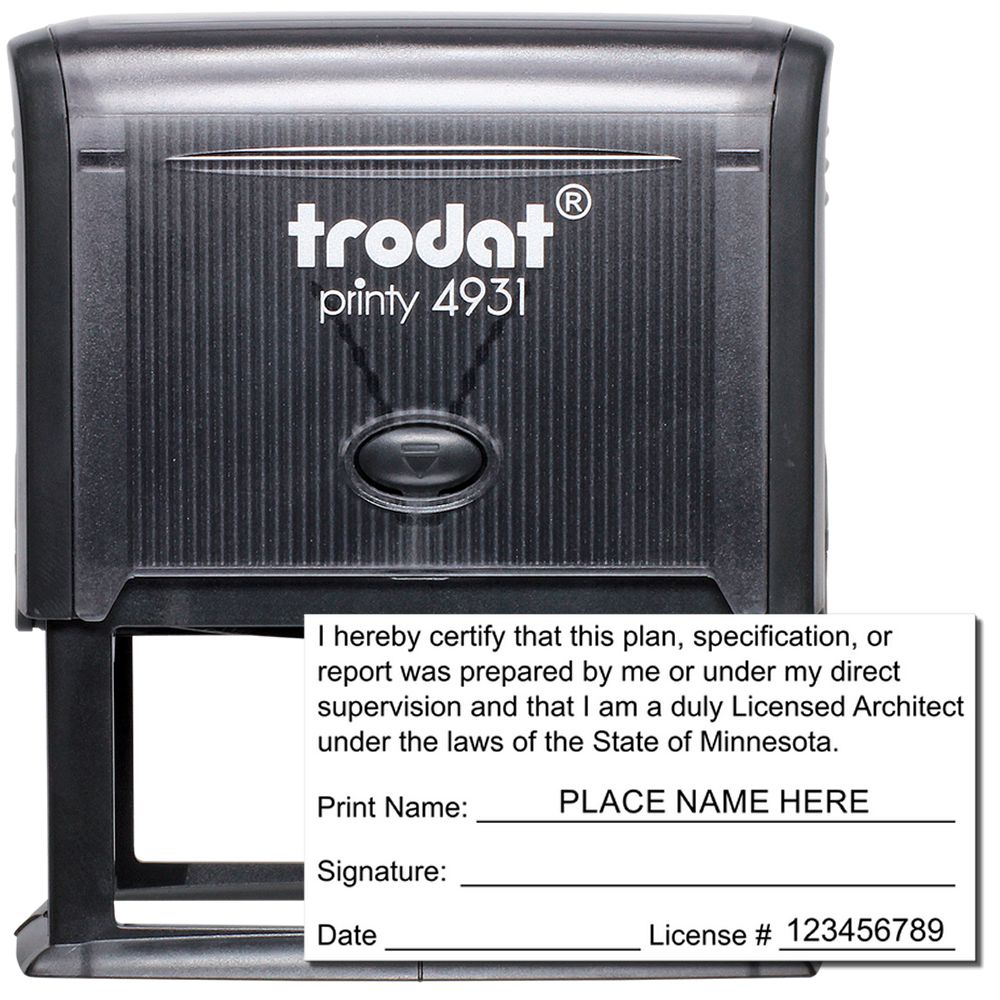 Self Inking Minnesota Architect Stamp with black casing, featuring a certification message, signature line, and license number field.