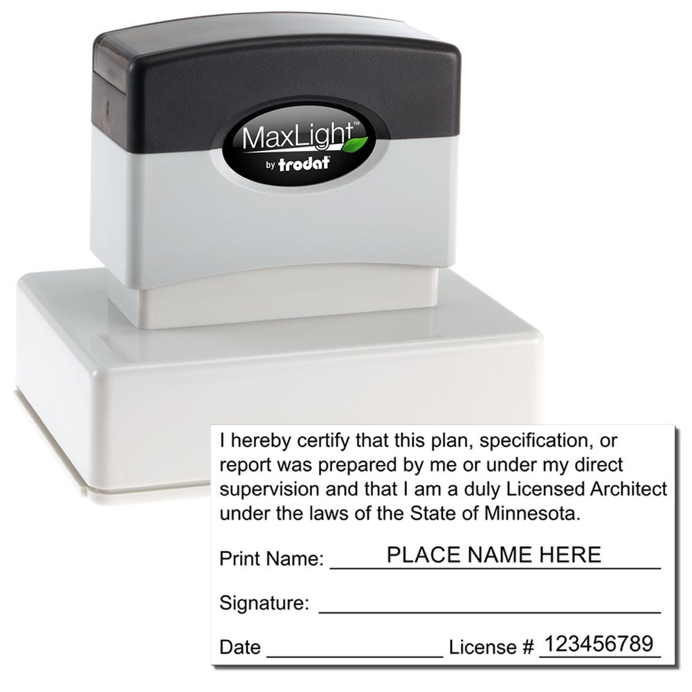 Premium MaxLight Pre-Inked Minnesota Architectural Stamp with a black and white design, shown with a sample certification text.