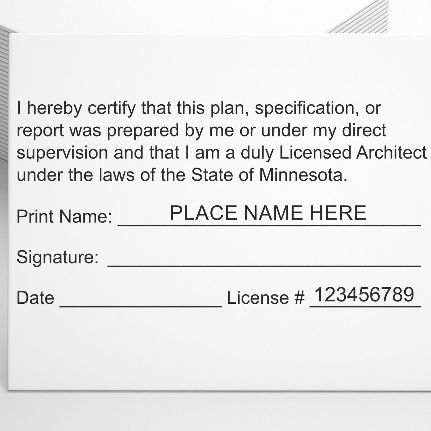 Digital Minnesota Architect Stamp, Electronic Seal for Minnesota Architect, displayed on a certification document with placeholder text.