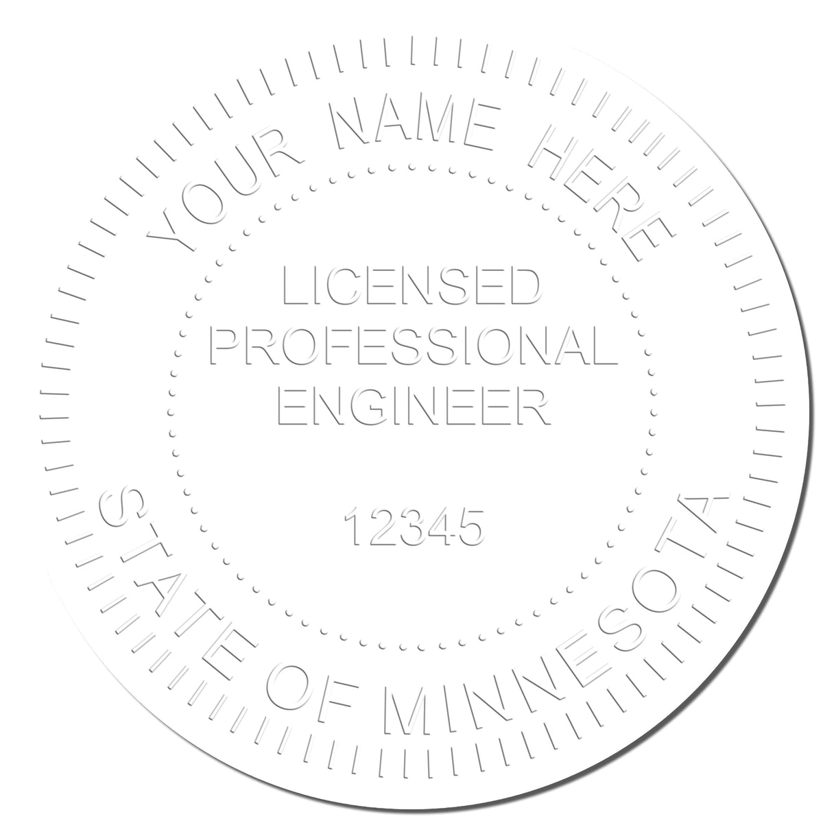 A photograph of the Handheld Minnesota Professional Engineer Embosser stamp impression reveals a vivid, professional image of the on paper.